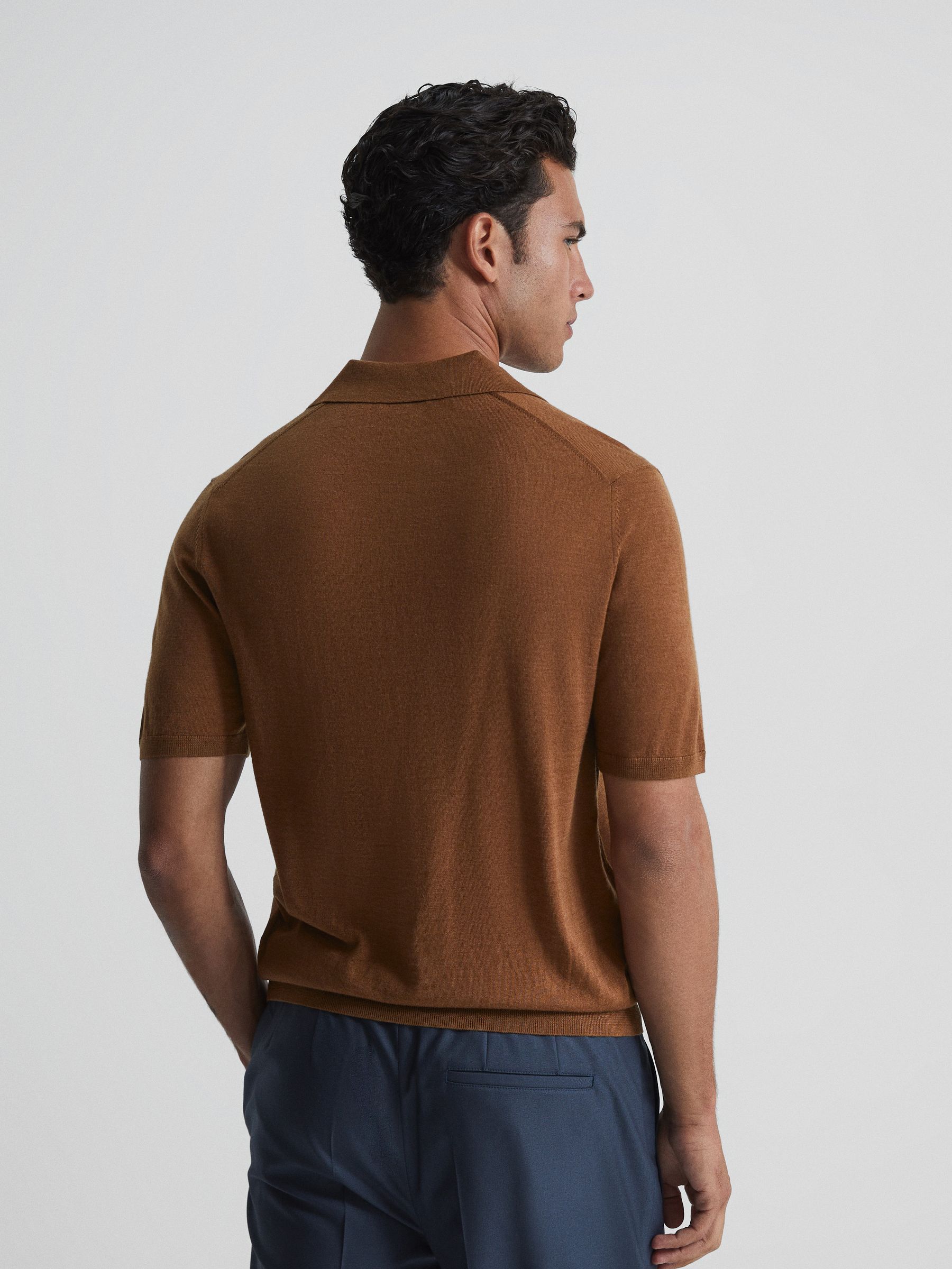 Open Collar Silk Merino Polo Shirt in Camel - Image 5 of 6