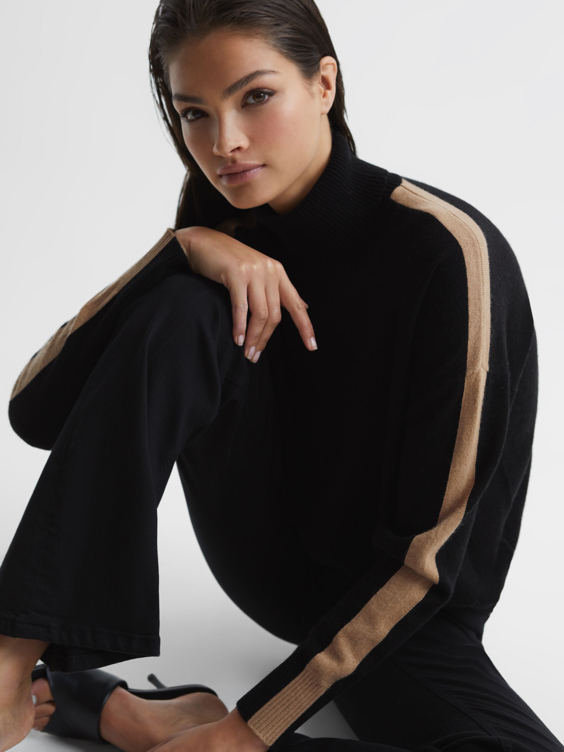 Colourblock Knitted Roll Neck Jumper in Black/Camel - Image 1 of 7