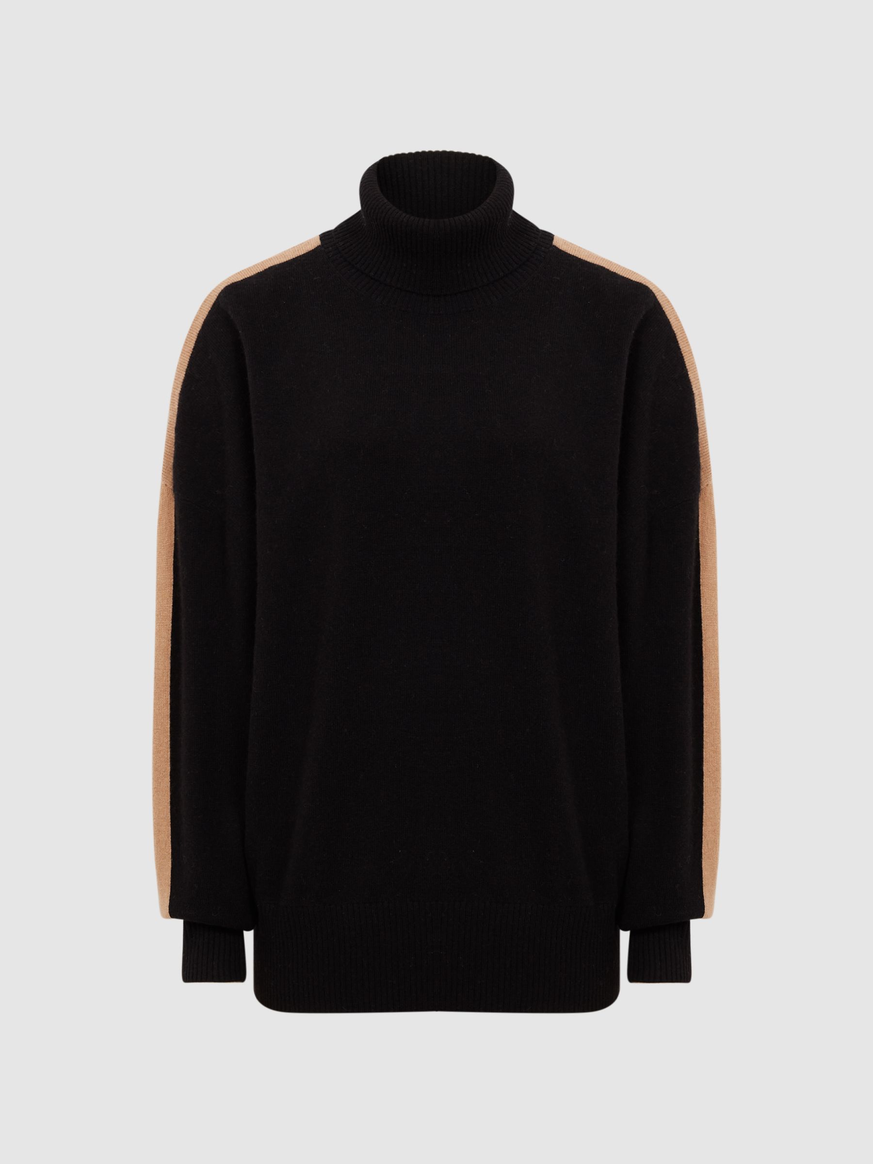 Colourblock Knitted Roll Neck Jumper in Black/Camel - Image 2 of 7