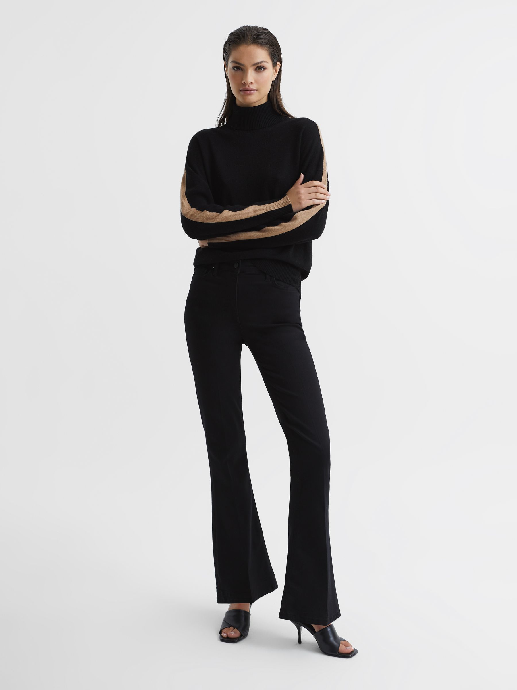 Colourblock Knitted Roll Neck Jumper in Black/Camel - Image 3 of 7