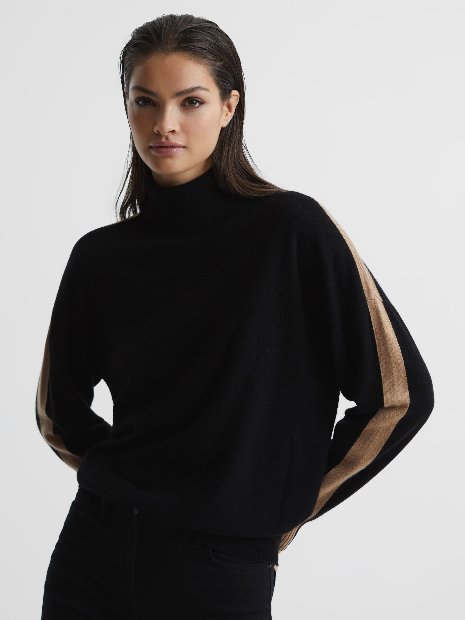 Colourblock Knitted Roll Neck Jumper in Black/Camel - Image 4 of 7