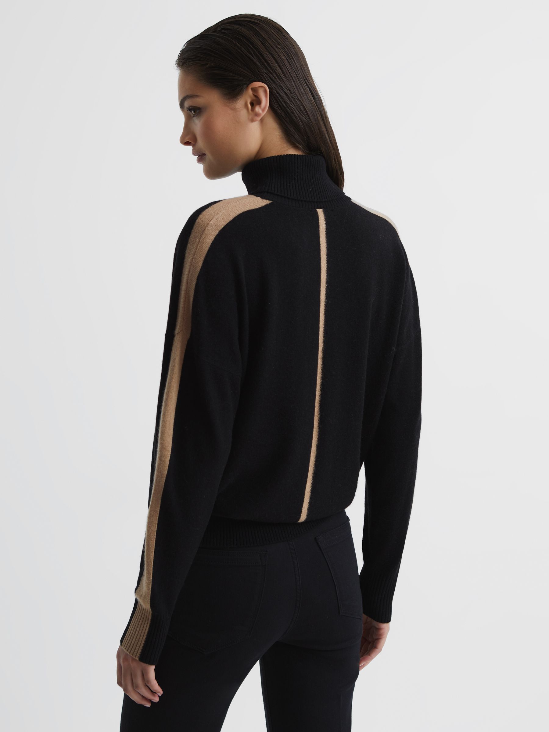 Colourblock Knitted Roll Neck Jumper in Black/Camel - Image 5 of 7