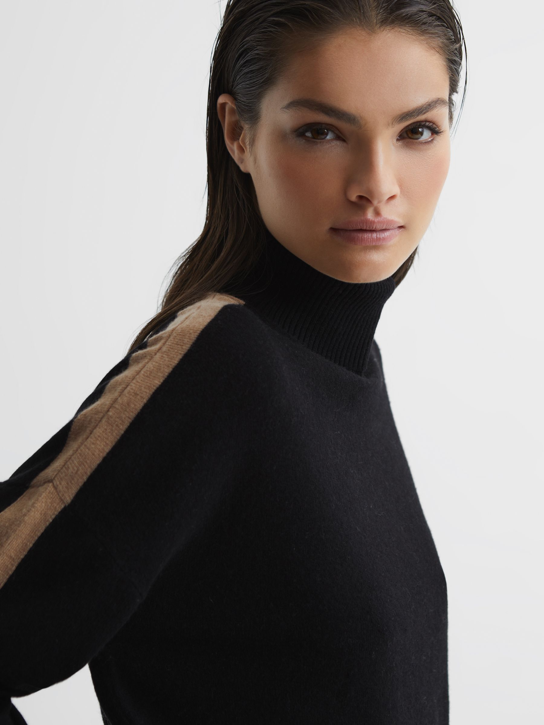 Colourblock Knitted Roll Neck Jumper in Black/Camel - Image 6 of 7