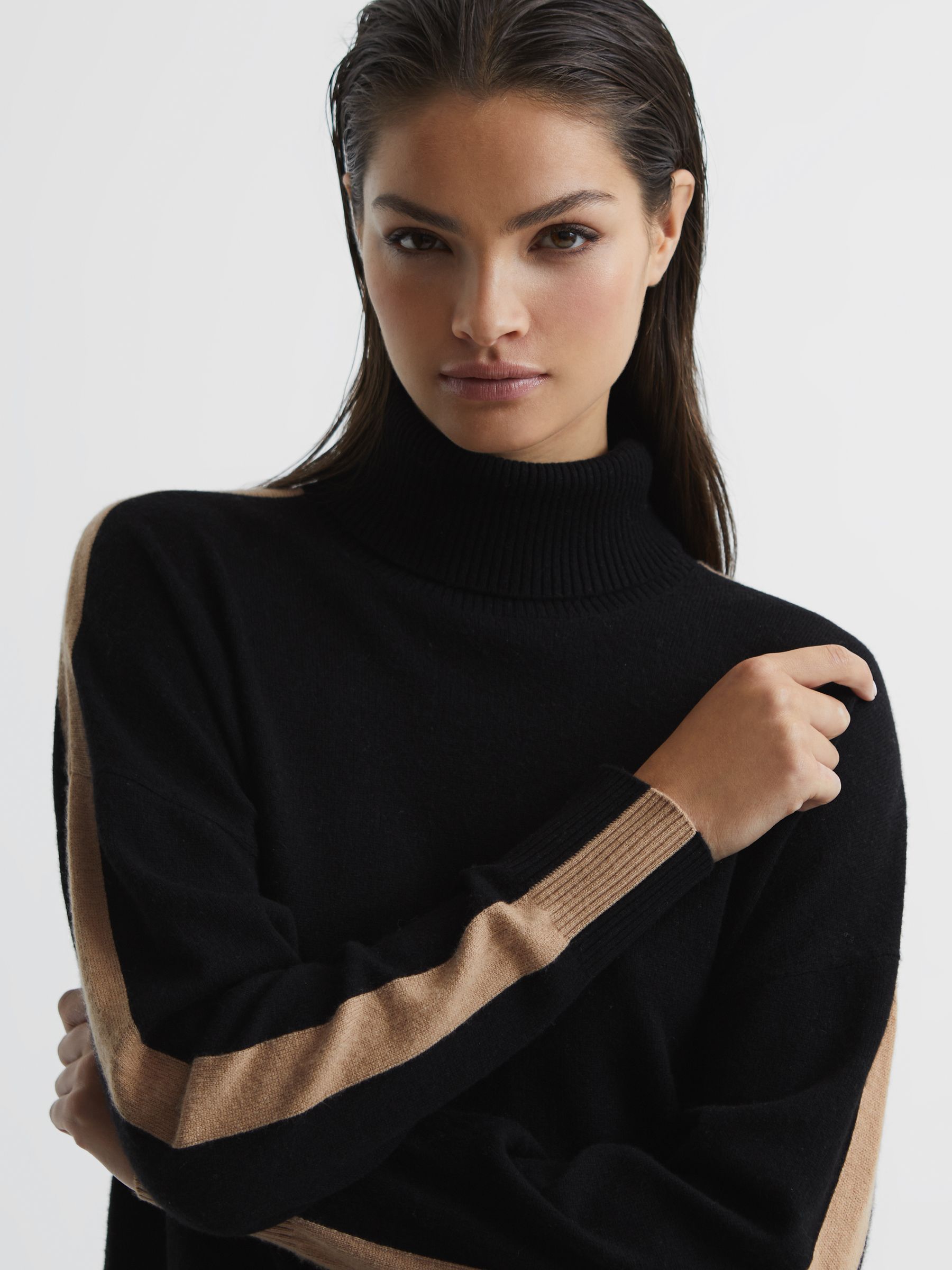 Colourblock Knitted Roll Neck Jumper in Black/Camel - Image 7 of 7