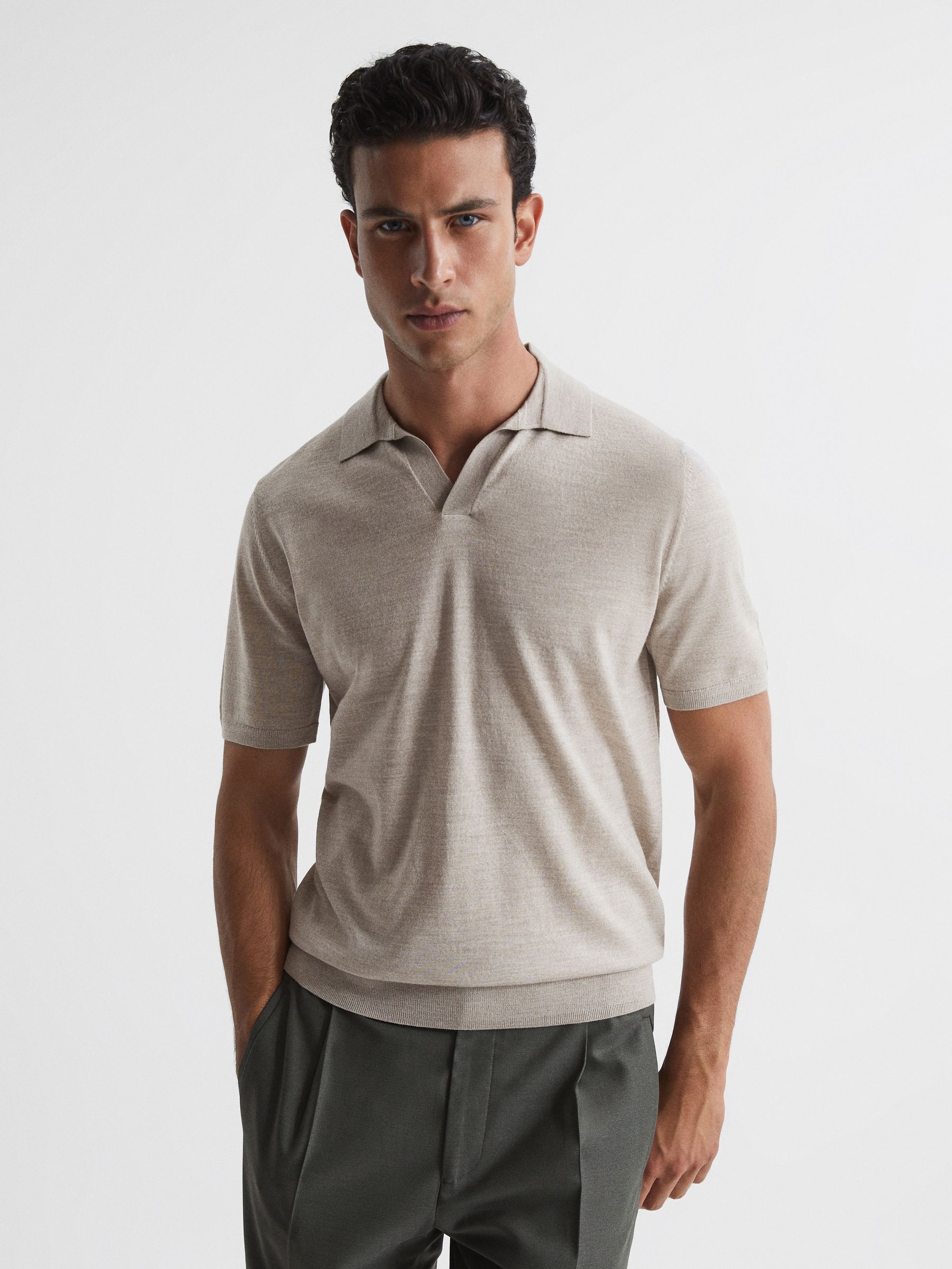Open Collar Silk Merino Polo Shirt in Oatmeal - Image 1 of 6