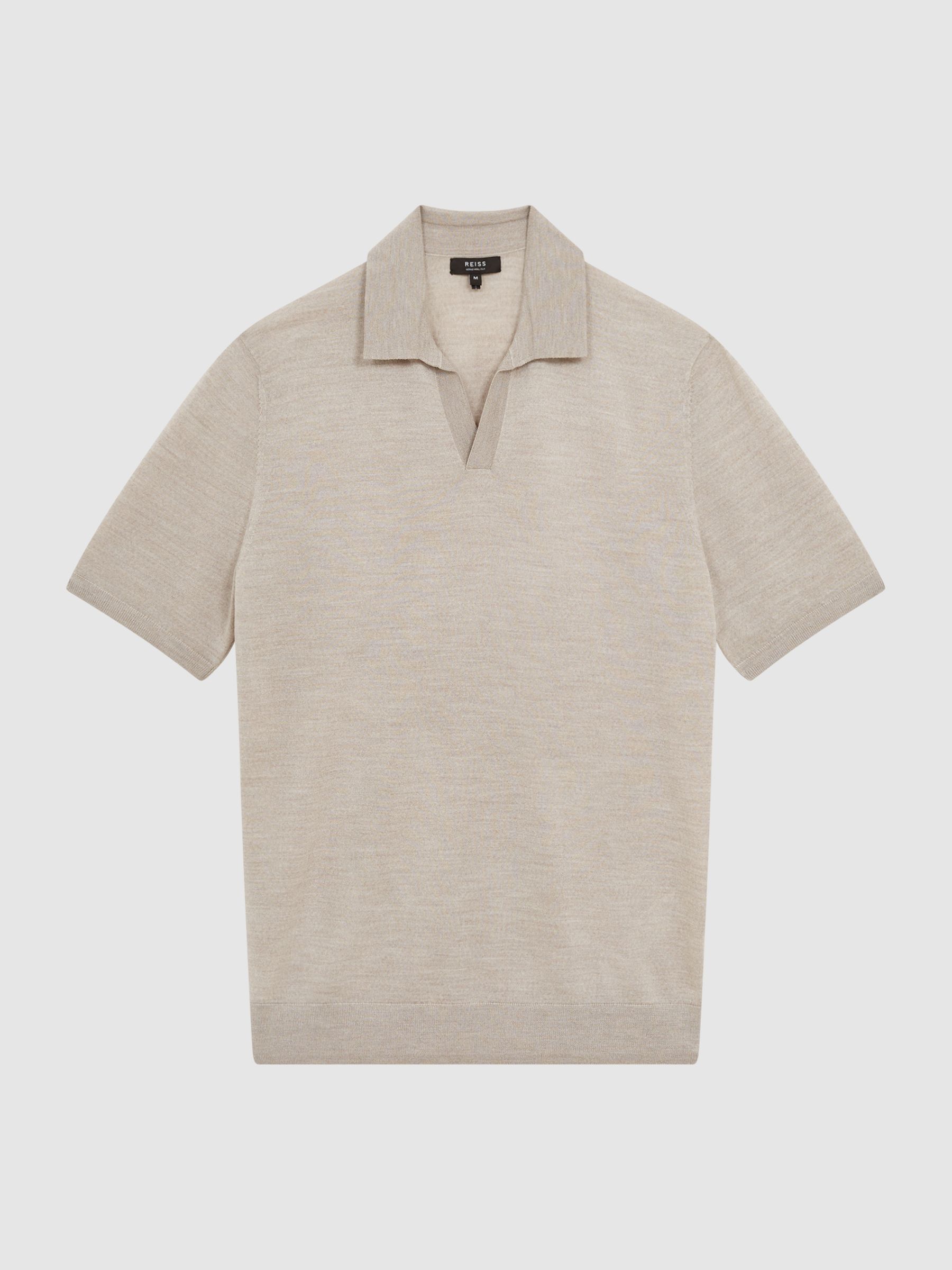 Open Collar Silk Merino Polo Shirt in Oatmeal - Image 2 of 6
