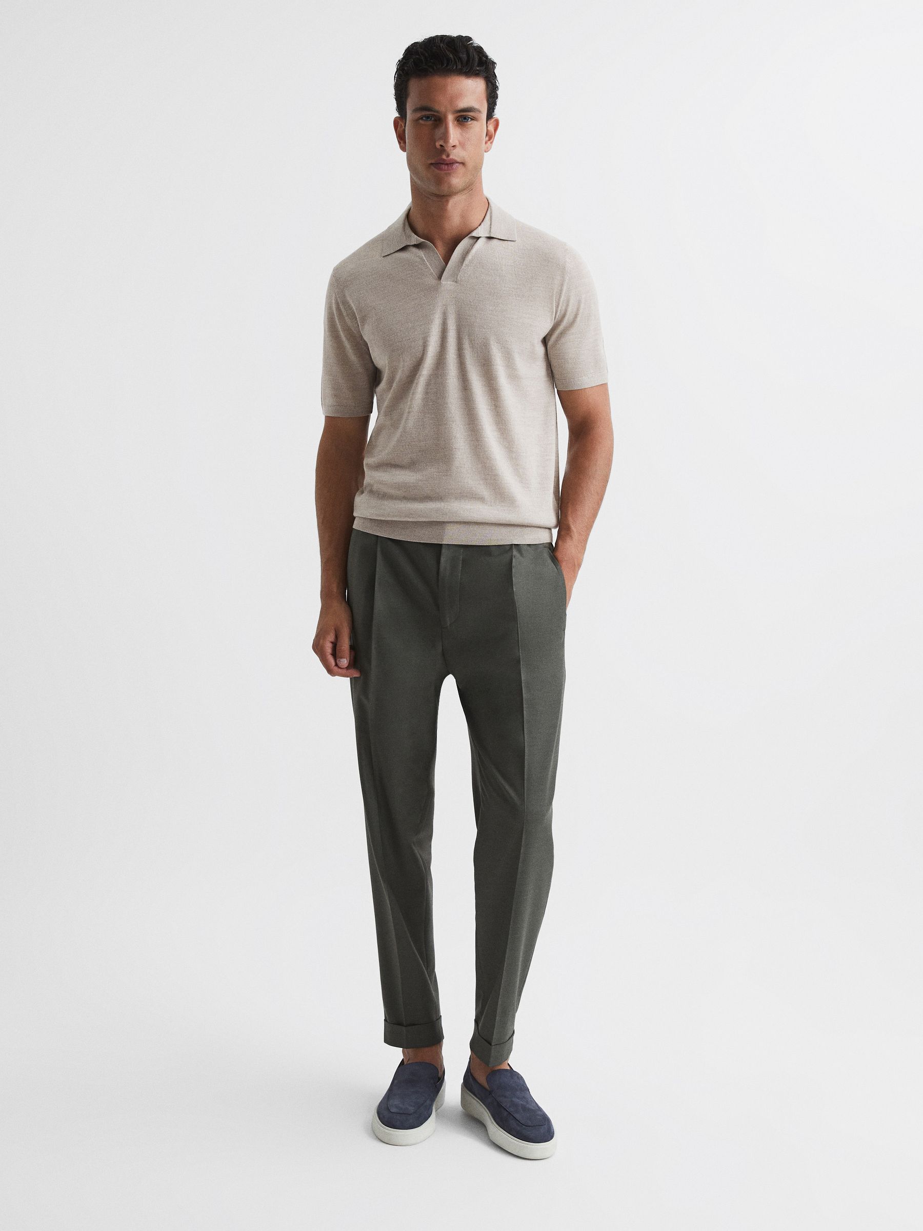 Open Collar Silk Merino Polo Shirt in Oatmeal - Image 3 of 6