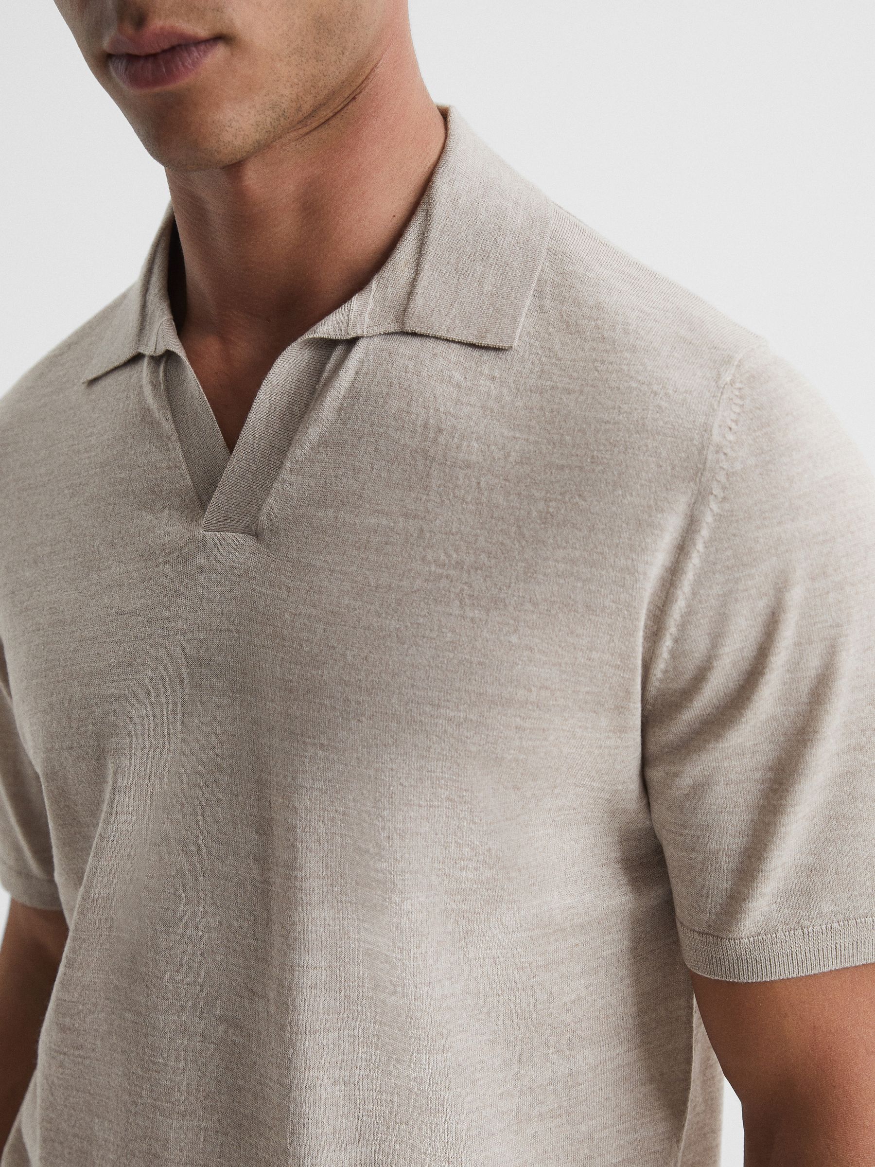 Open Collar Silk Merino Polo Shirt in Oatmeal - Image 4 of 6