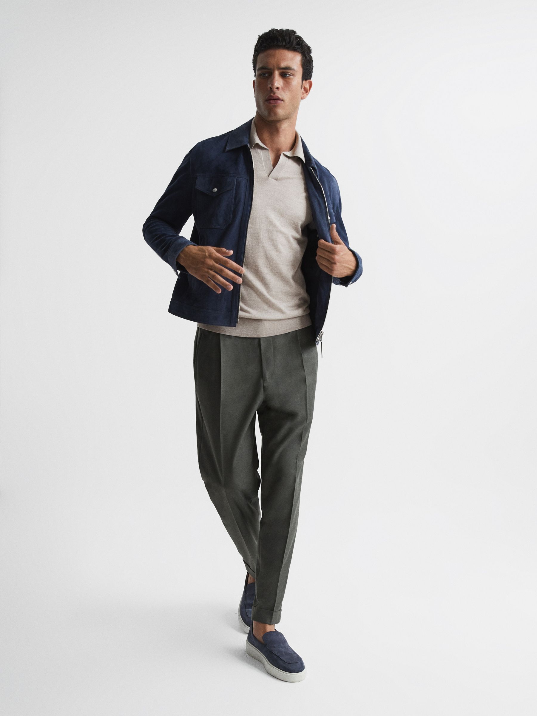 Open Collar Silk Merino Polo Shirt in Oatmeal - Image 6 of 6