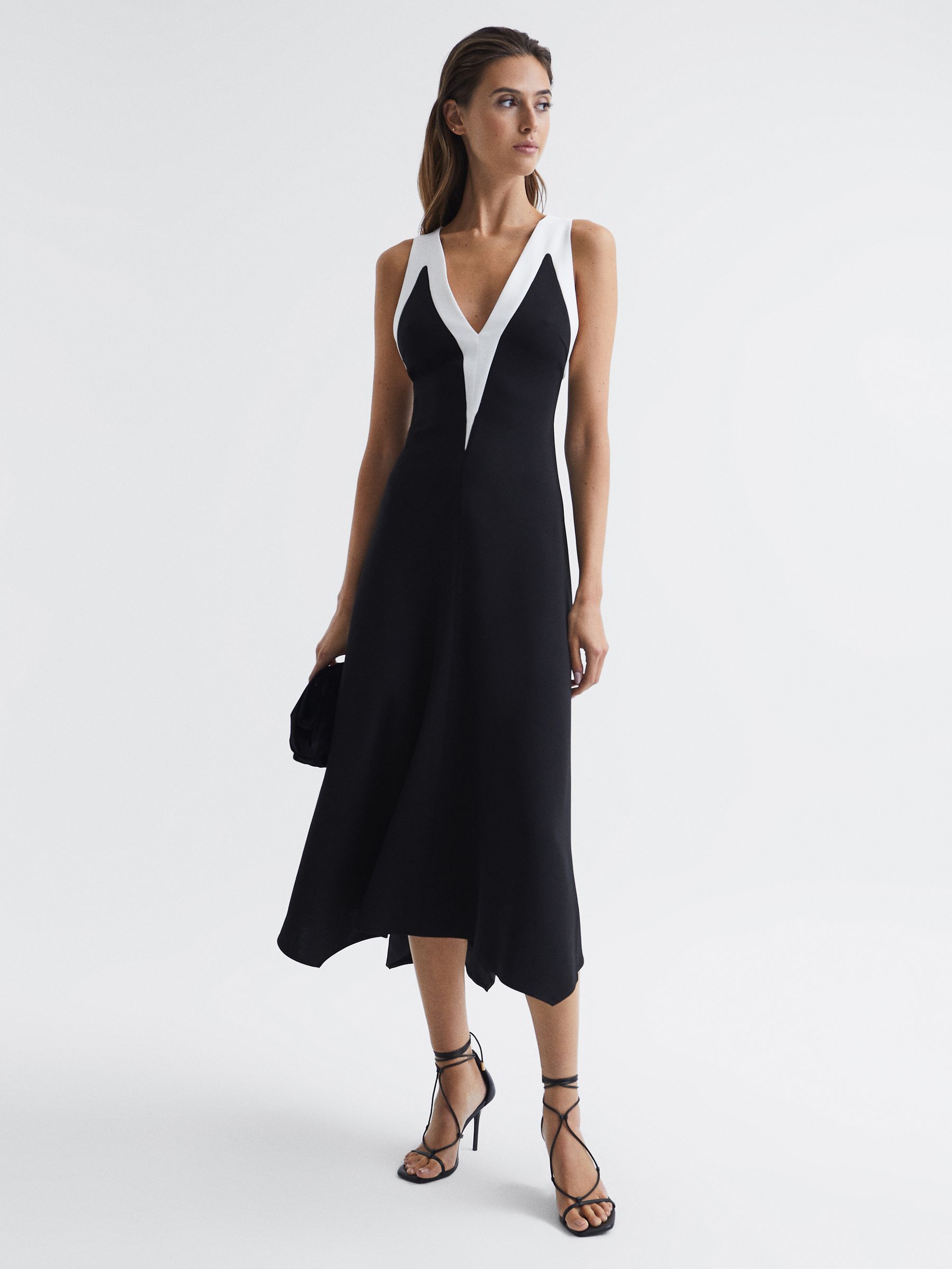 Colourblock V-Neck Midi Dress in Black/White - Image 1 of 7