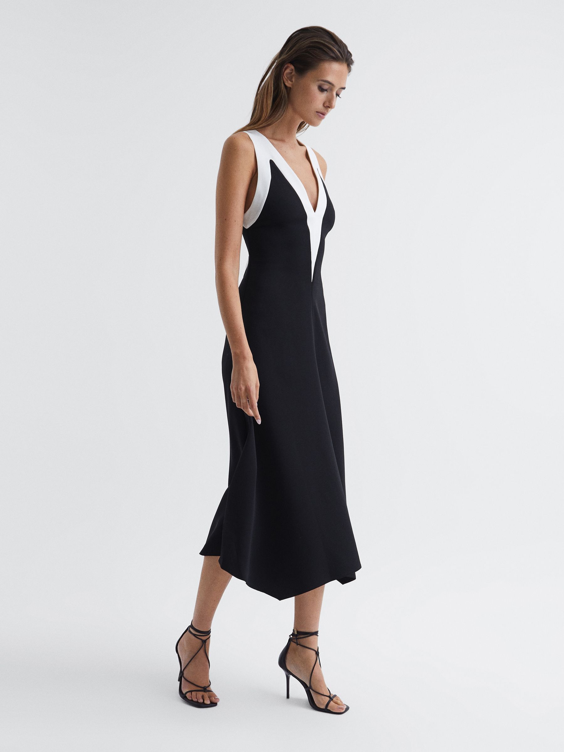 Colourblock V-Neck Midi Dress in Black/White - Image 3 of 7