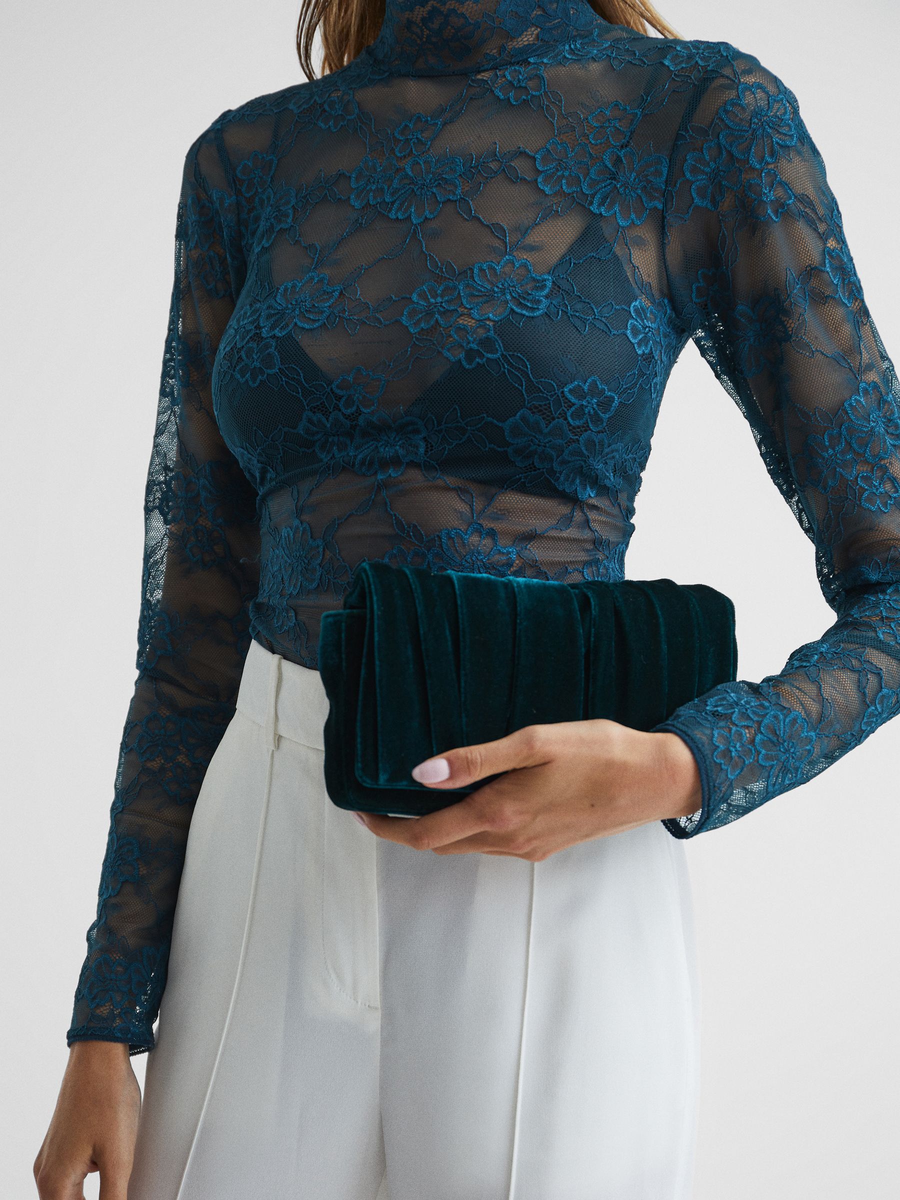 Velvet Twisted Clutch Bag in Teal - Image 2 of 6