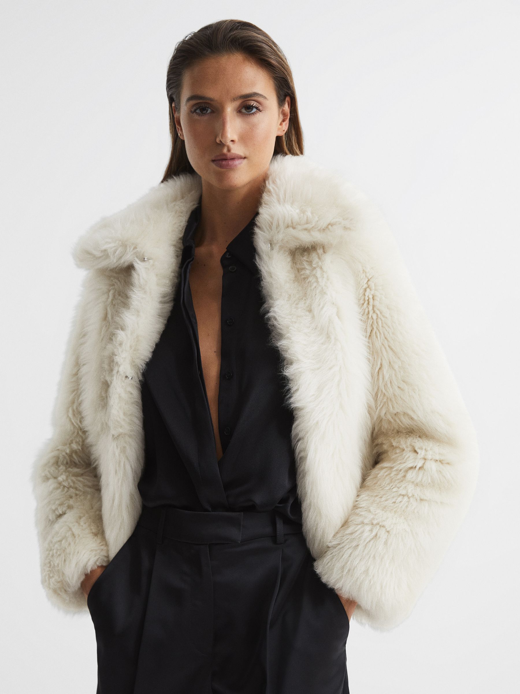 Short Shearling Jacket in Cream - Image 1 of 6