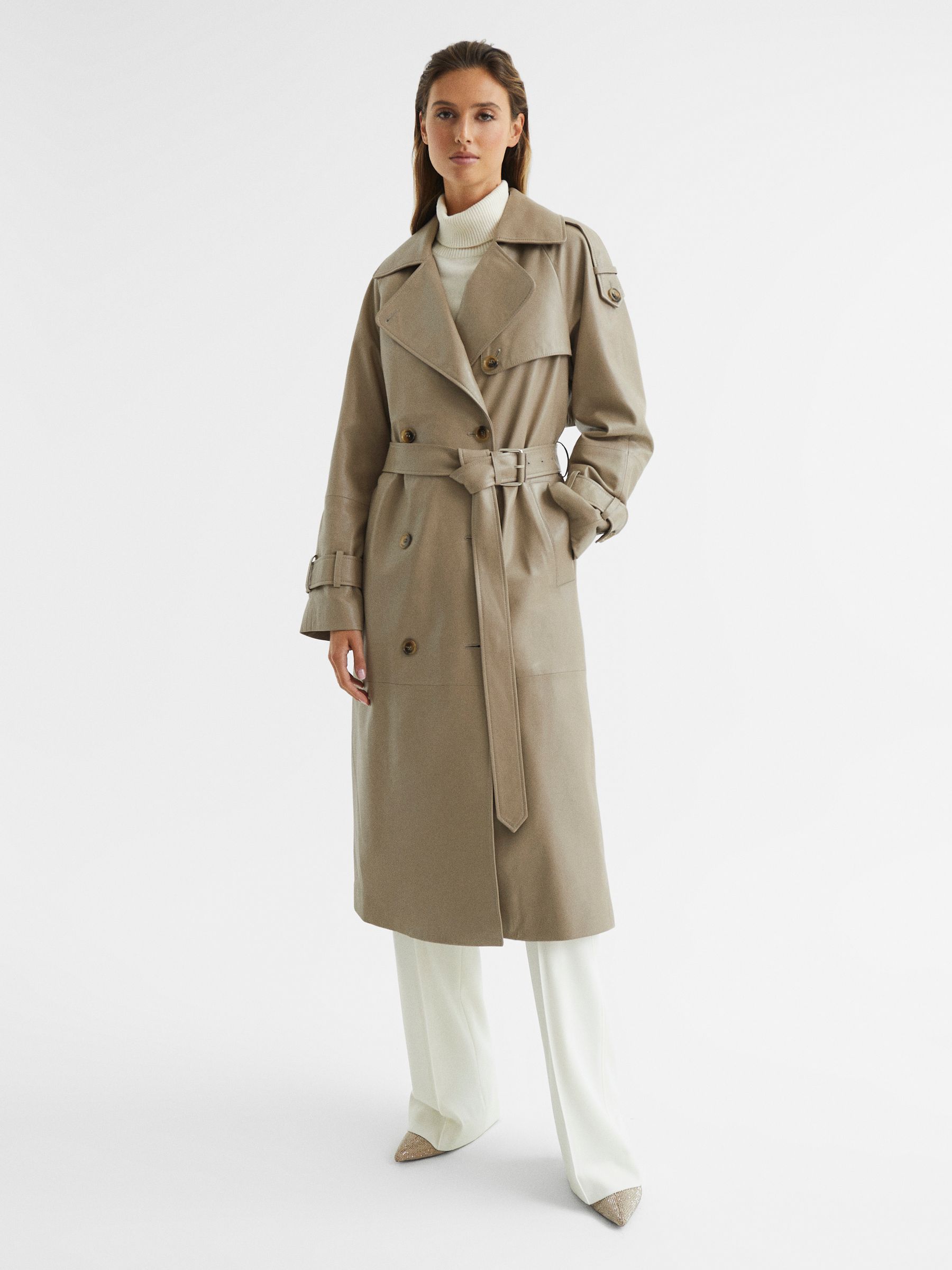 Reiss Leather Trench Coat in Taupe - REISS