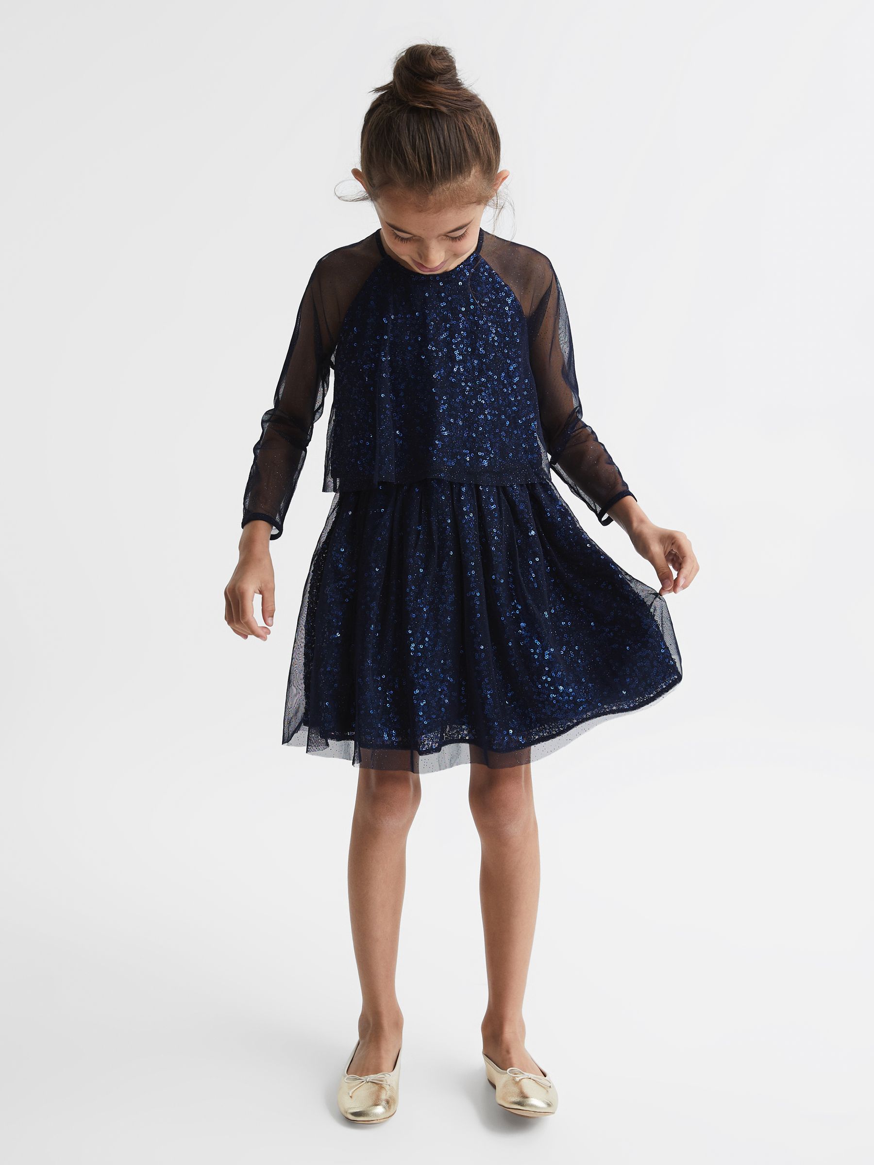 9-12 yrs Sequin Sheer Tutu Dress in Navy - Image 3 of 7
