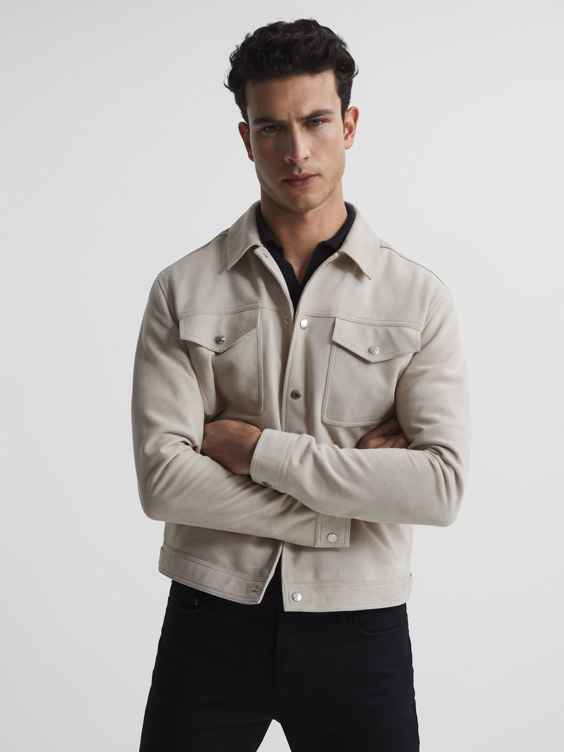 Suede Trucker Jacket in Stone - Image 1 of 5 Suede Trucker Jacket in Stone - Image 1 of 5