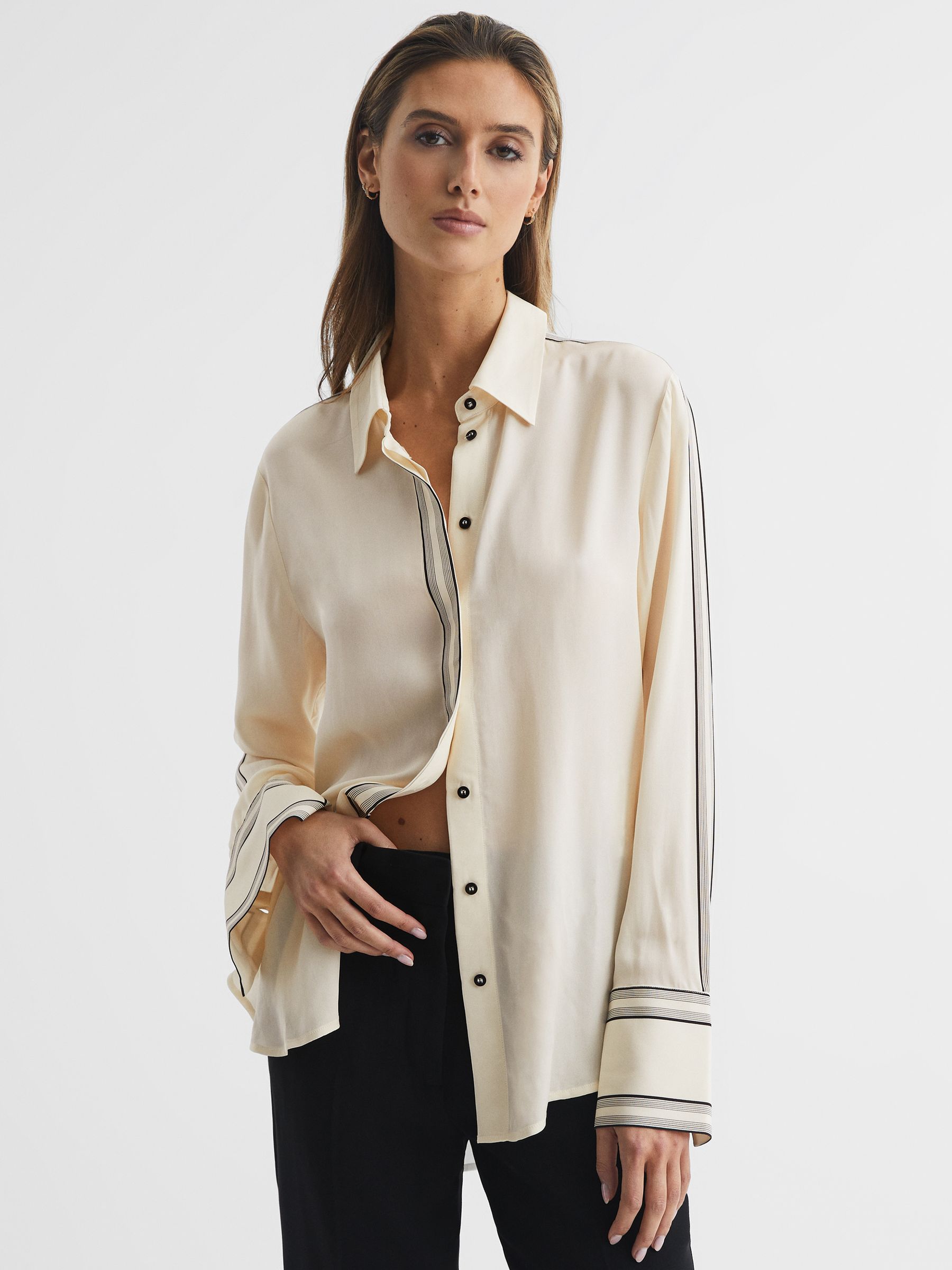 Fitted Side Striped Dip Hem Blouse in Ivory - Image 1 of 6