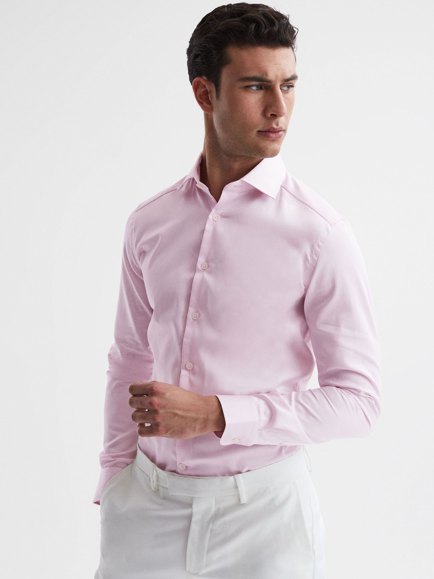Slim Fit Cotton Sateen Shirt in Pink - Image 3 of 6