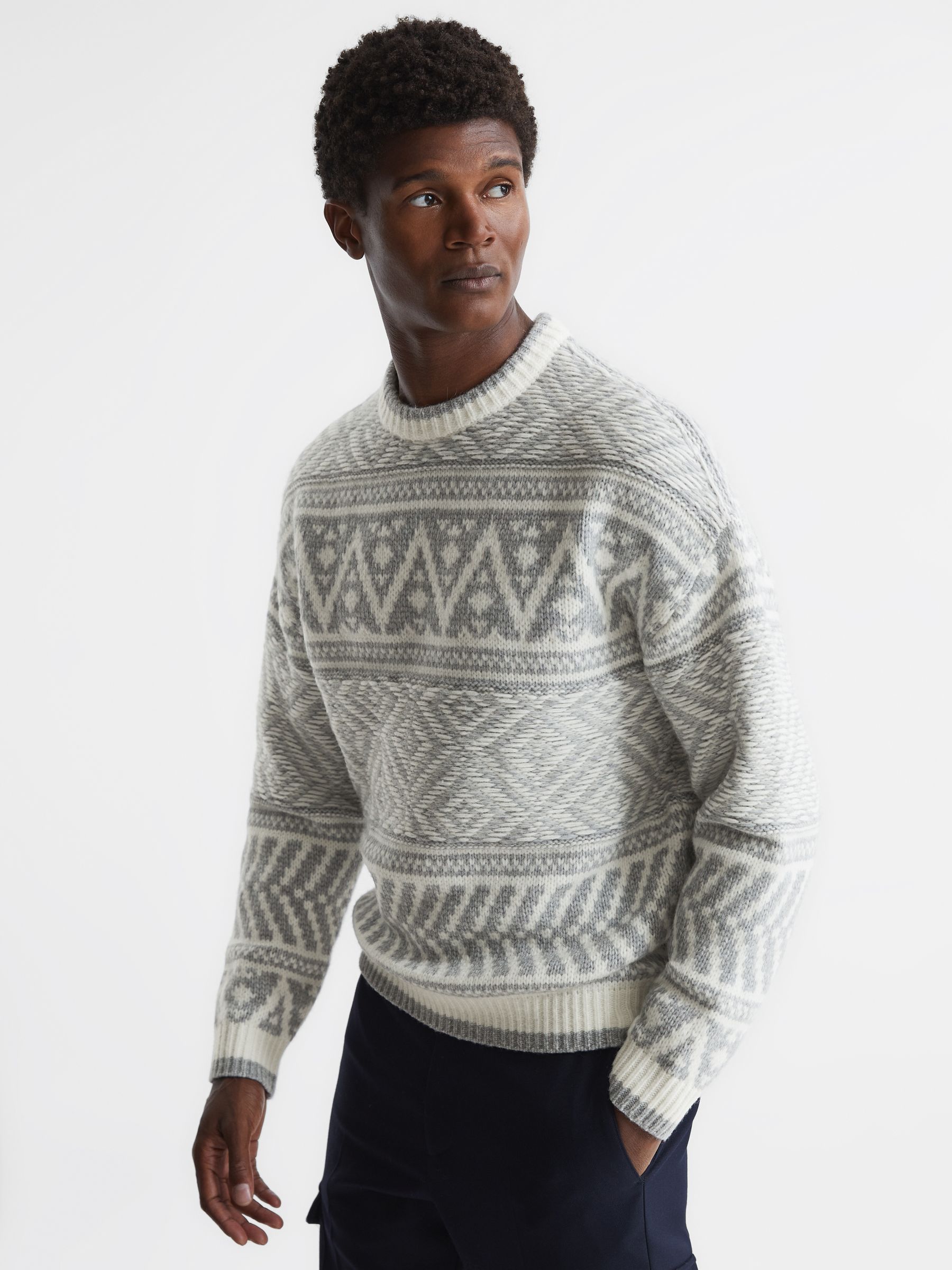 Crew Neck Fairisle Pattern Wool Blend Jumper in Soft Blue Melange/Ecru - Image 1 of 5