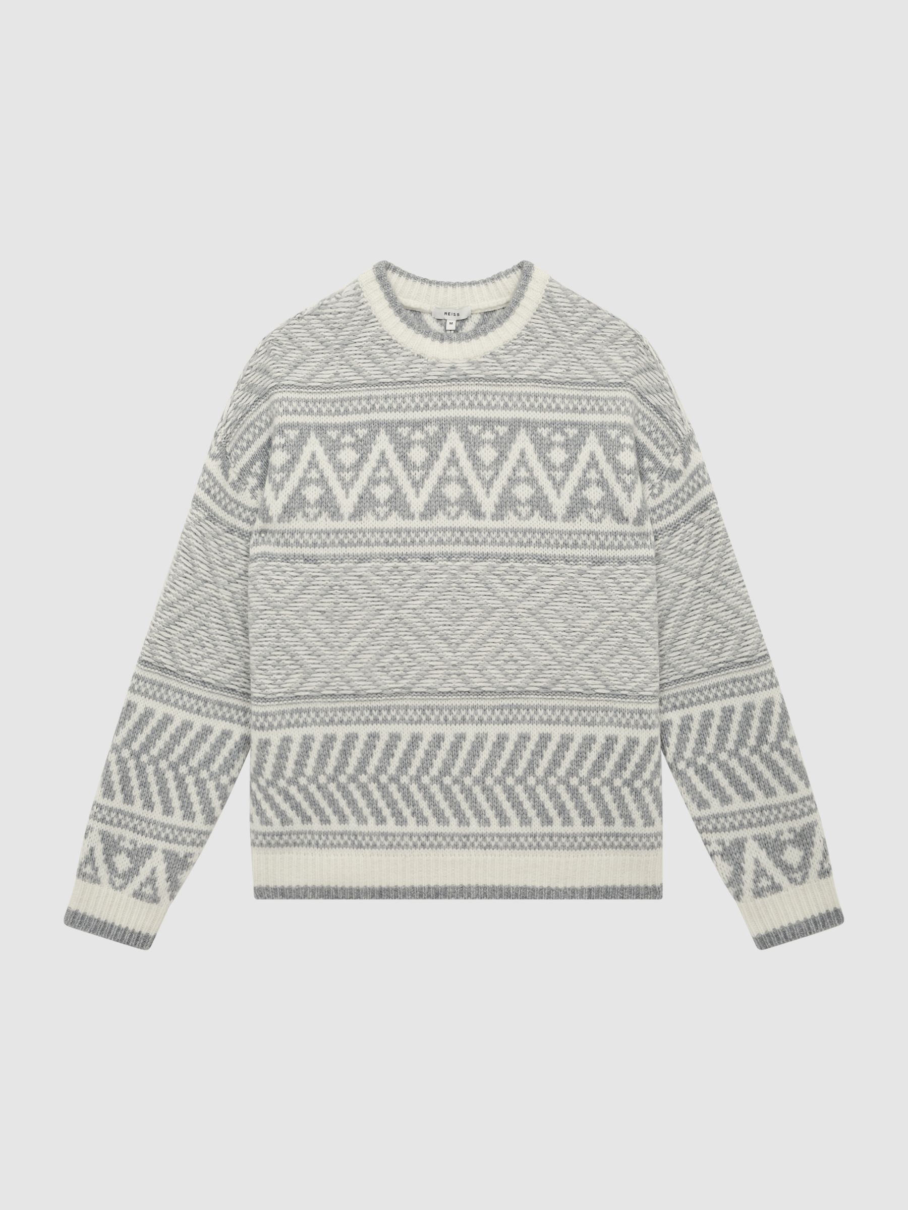 Crew Neck Fairisle Pattern Wool Blend Jumper in Soft Blue Melange/Ecru - Image 2 of 5