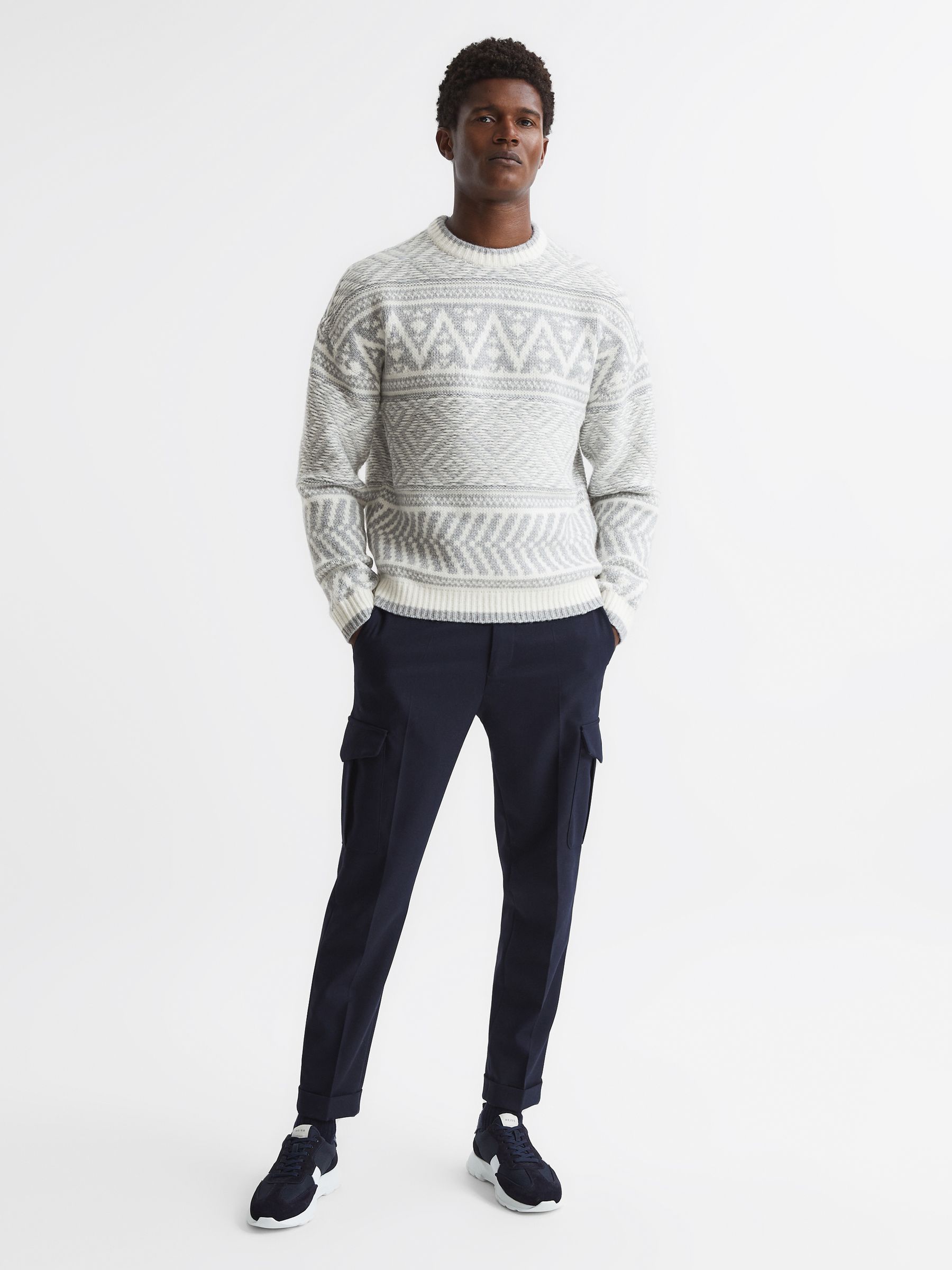 Crew Neck Fairisle Pattern Wool Blend Jumper in Soft Blue Melange/Ecru - Image 3 of 5