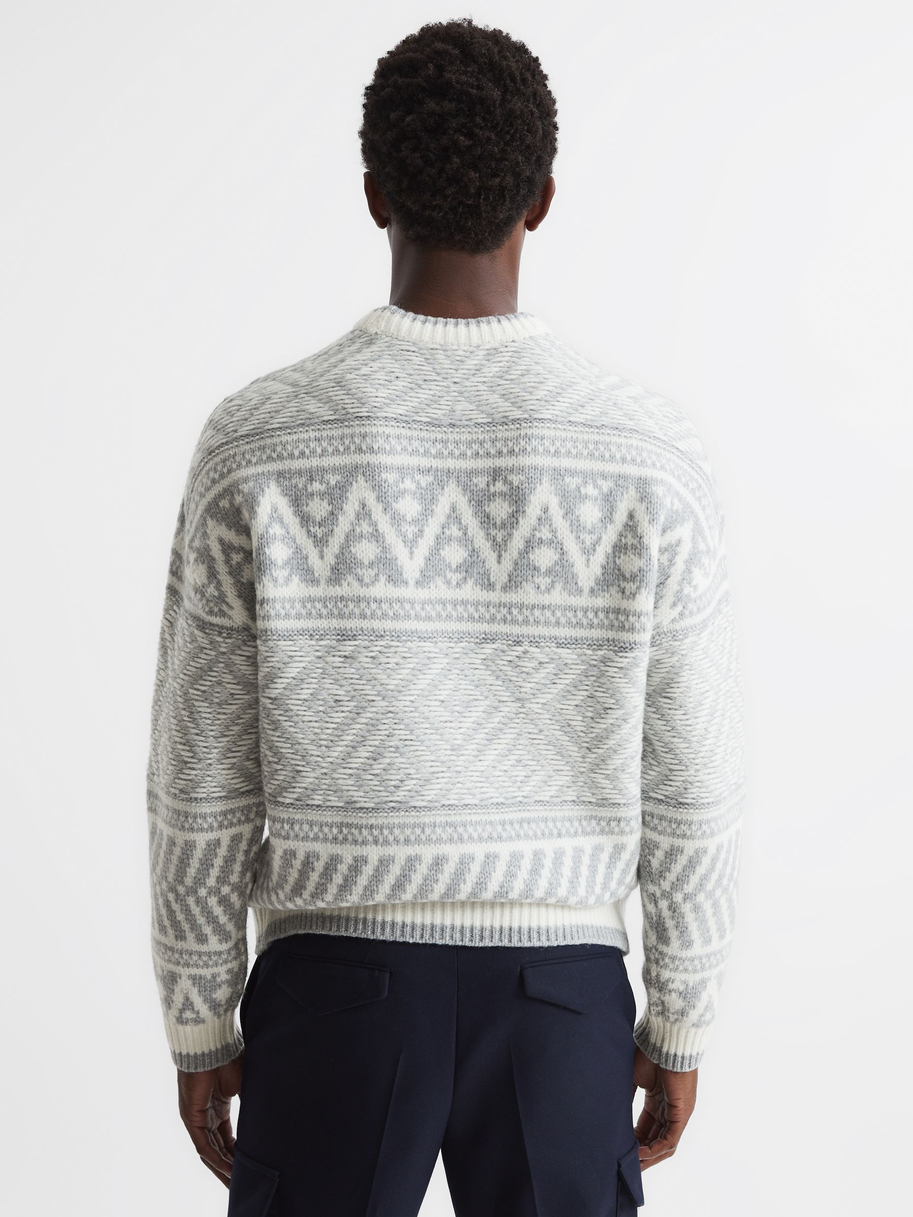 Crew Neck Fairisle Pattern Wool Blend Jumper in Soft Blue Melange/Ecru - Image 5 of 5