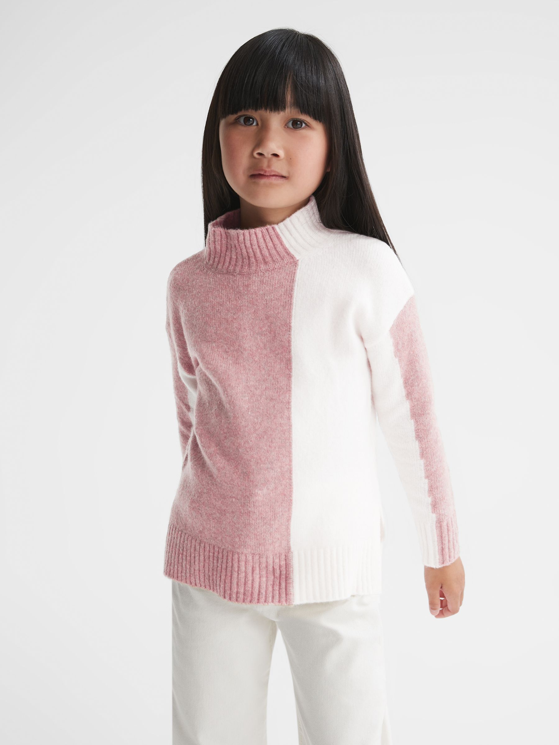 Junior Colour Block Wool Blend Jumper in Pink/White - Image 4 of 6