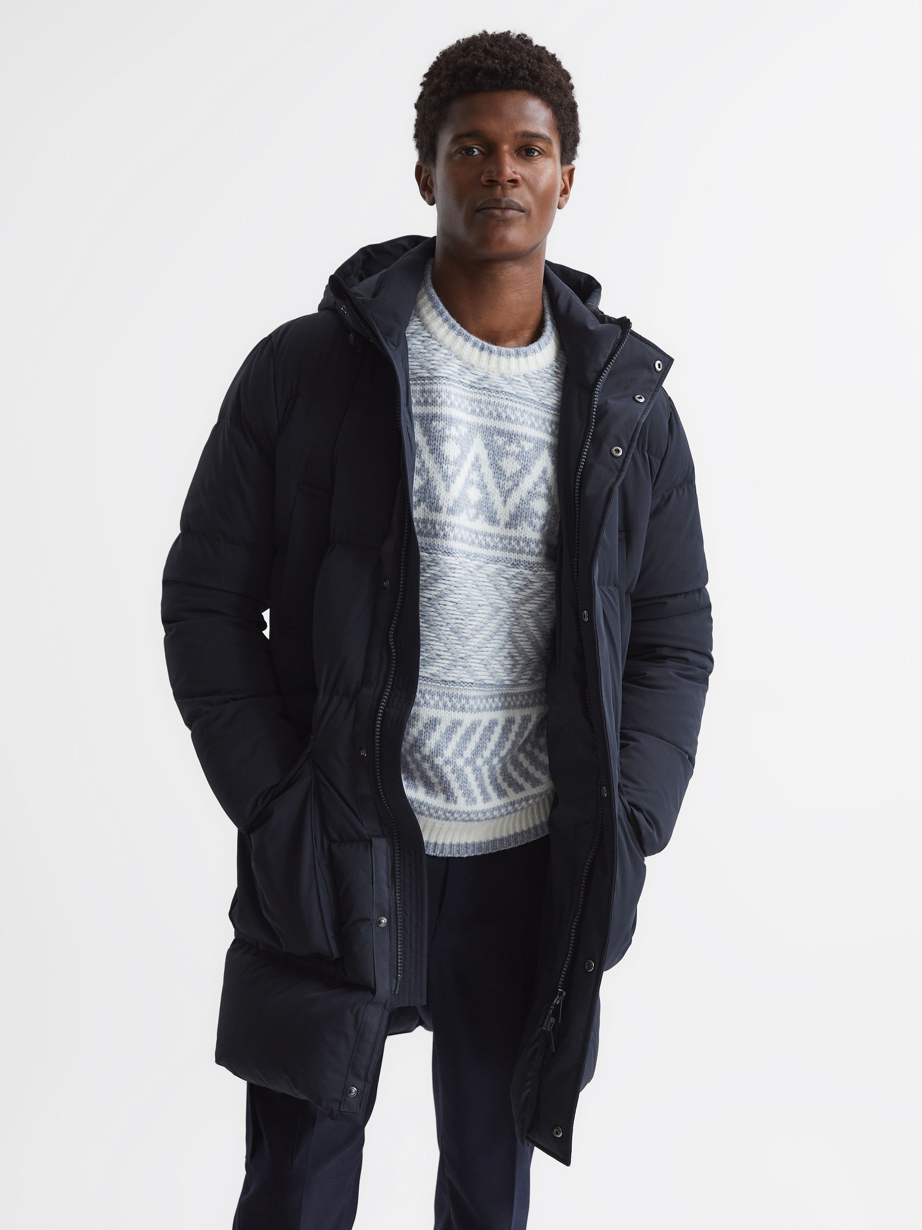 Hooded Mid Length Puffer Jacket in Navy - Image 1 of 1