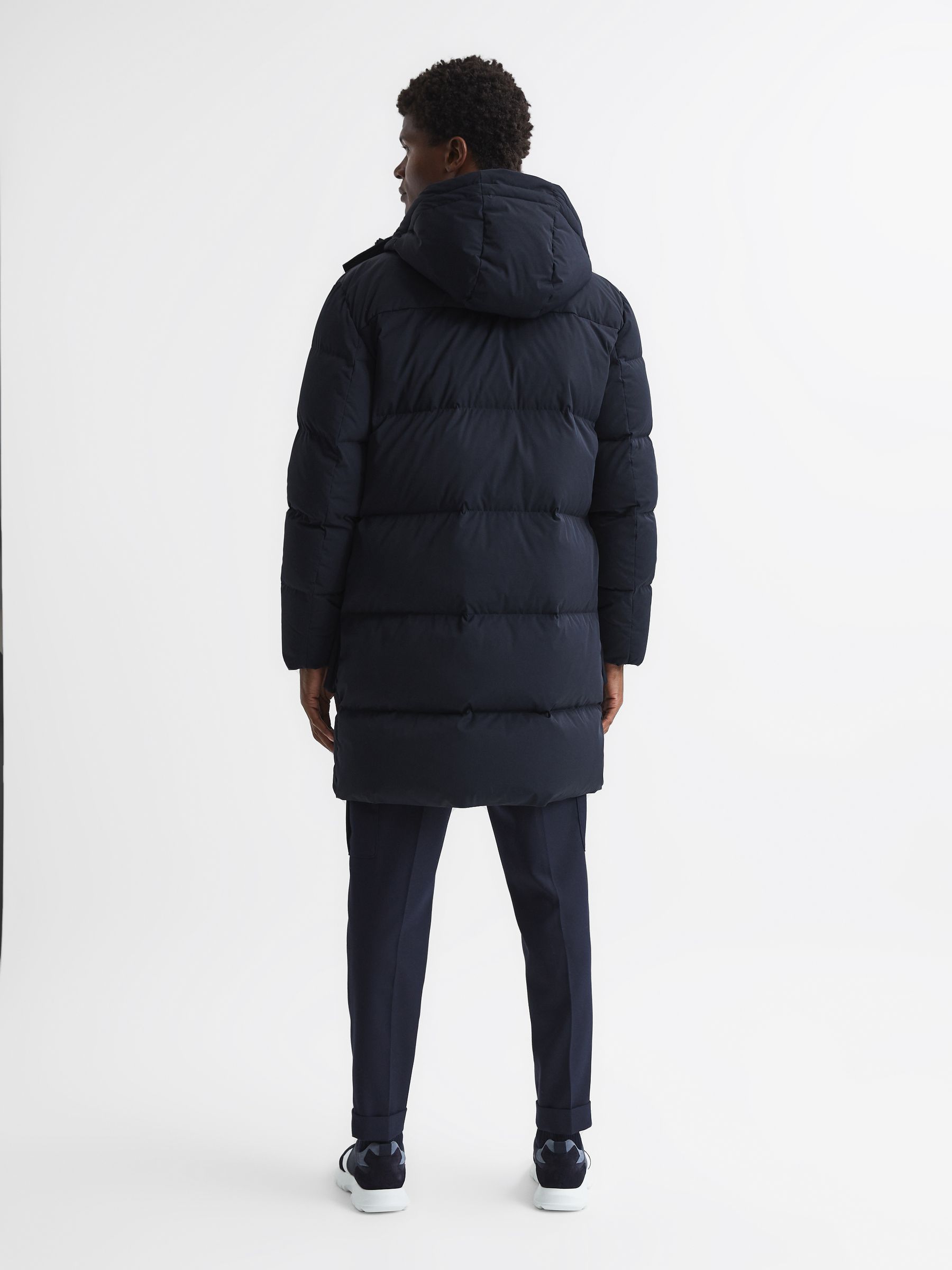 Reiss Hooded Mid Length Puffer Jacket in Navy | REISS