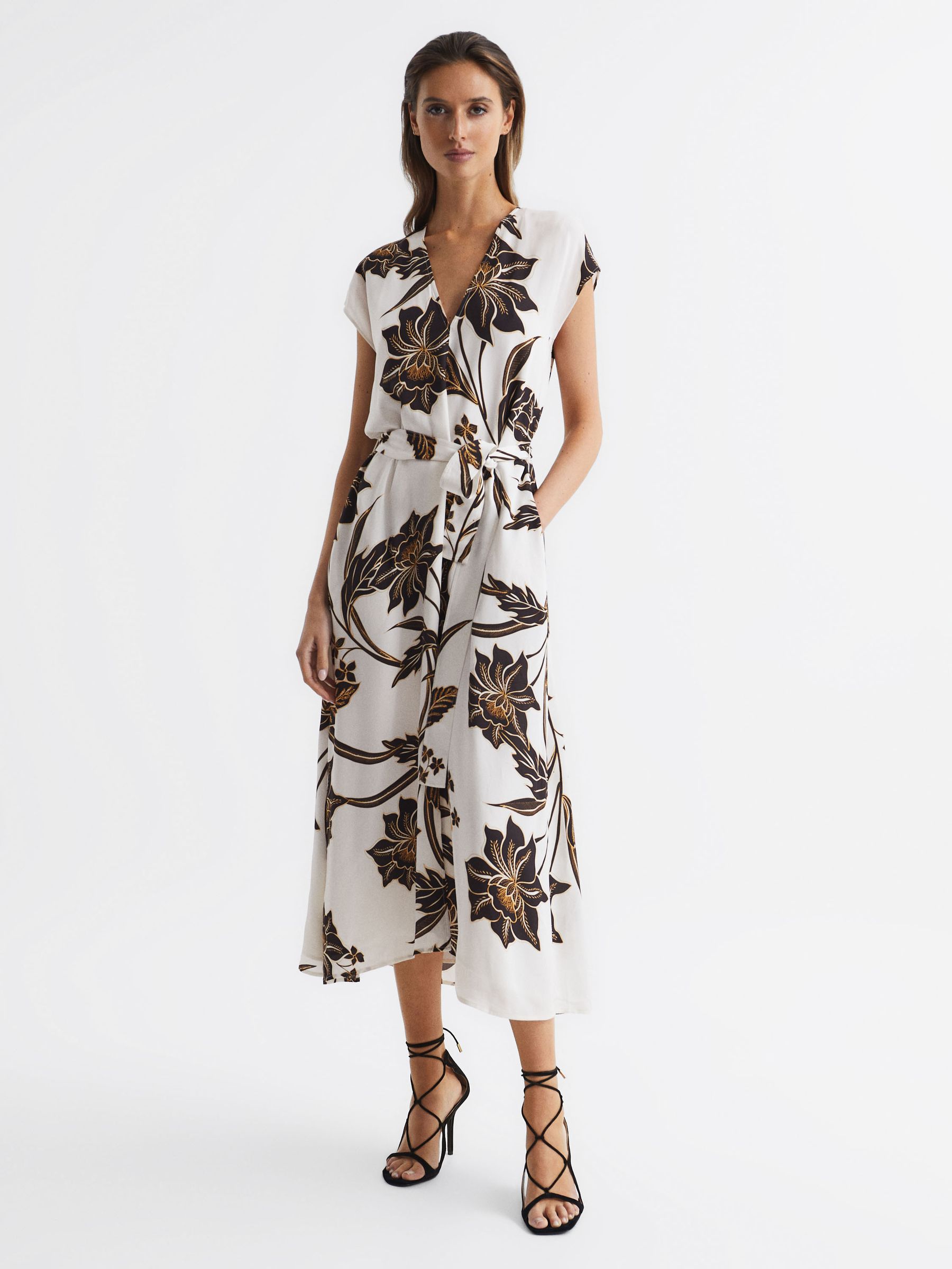 Printed Cap Sleeve Midi Dress in Black/White - Image 1 of 7