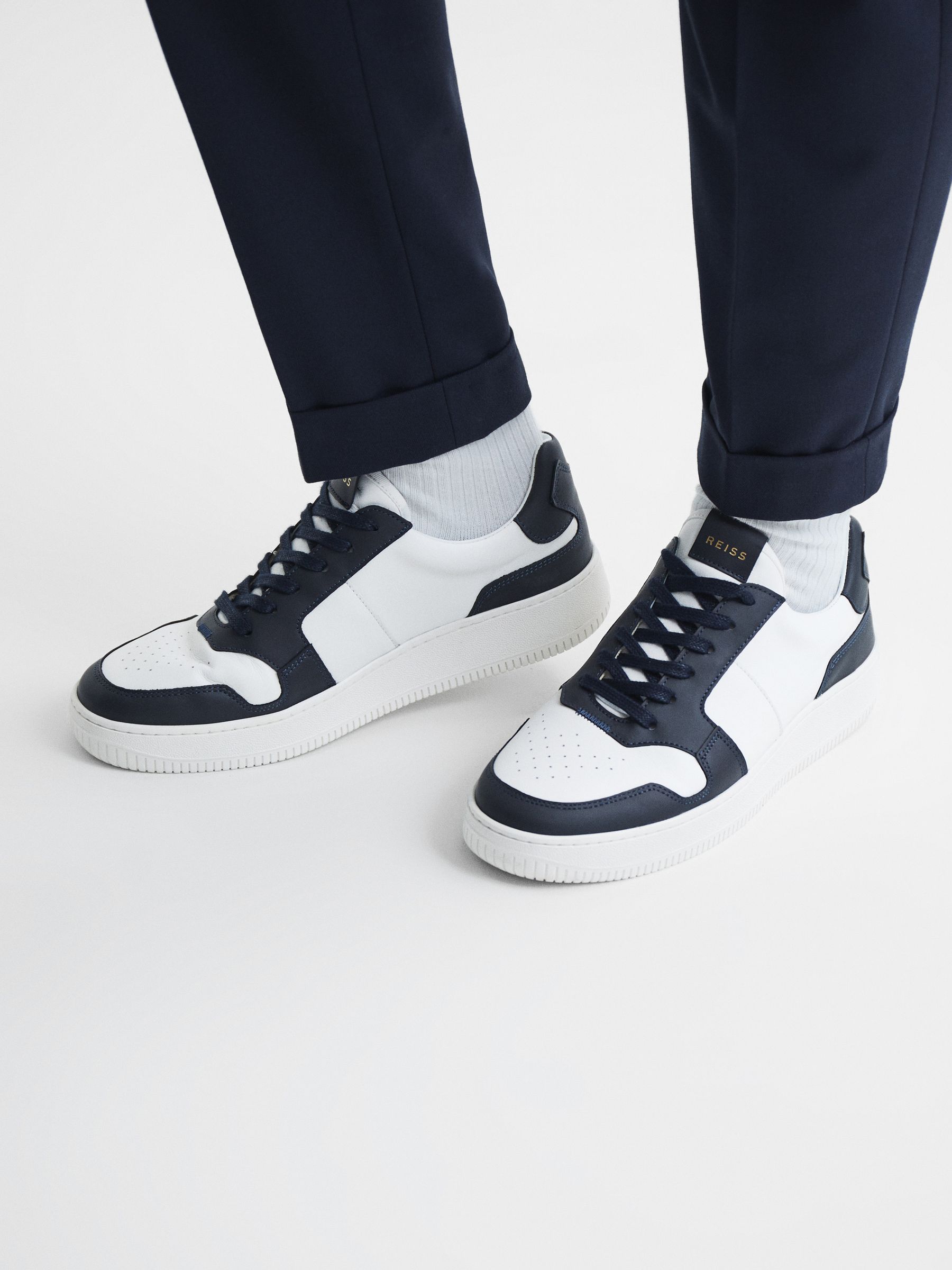 Low Top Leather Trainers in Navy - Image 2 of 6