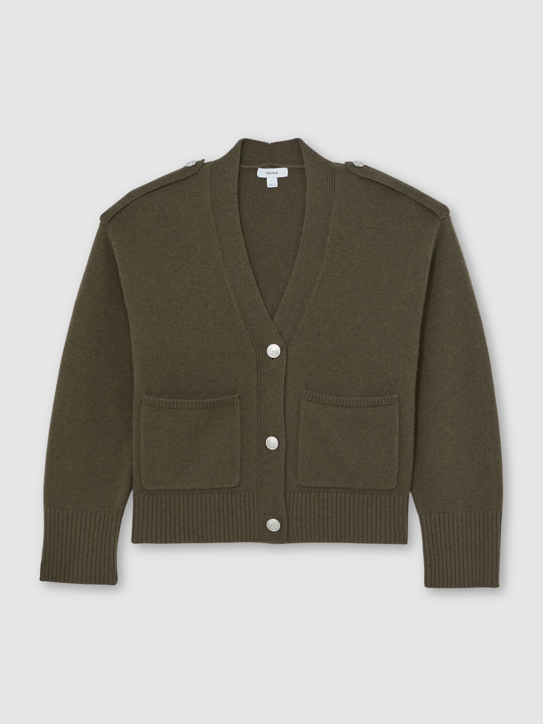 Wool-Cashmere Button-Through Cardigan in Khaki Green - Image 2 of 6
