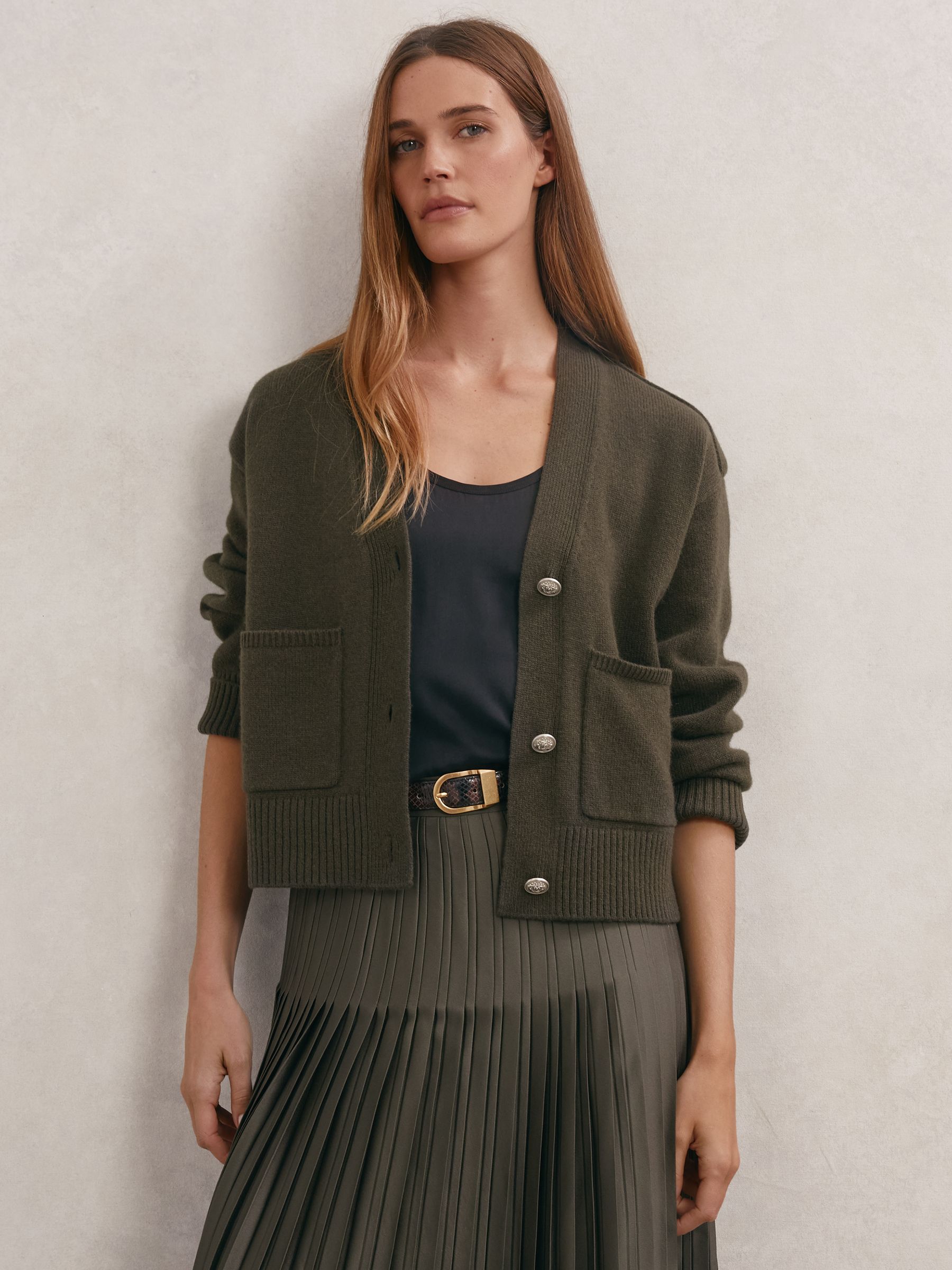 Wool-Cashmere Button-Through Cardigan in Khaki Green - Image 4 of 6