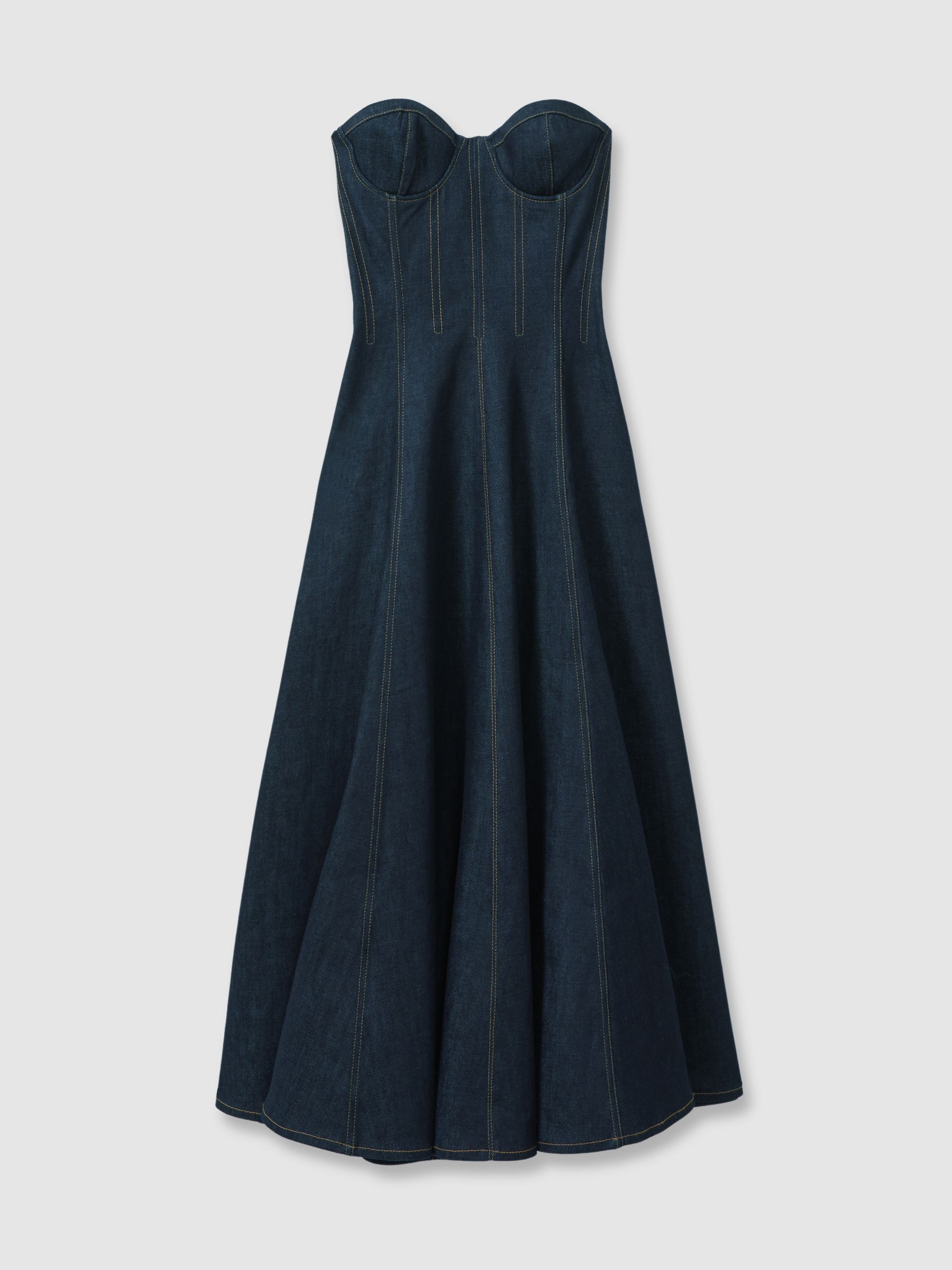 Strapless Structured Denim Midi Dress in Indigo Blue - Image 2 of 8