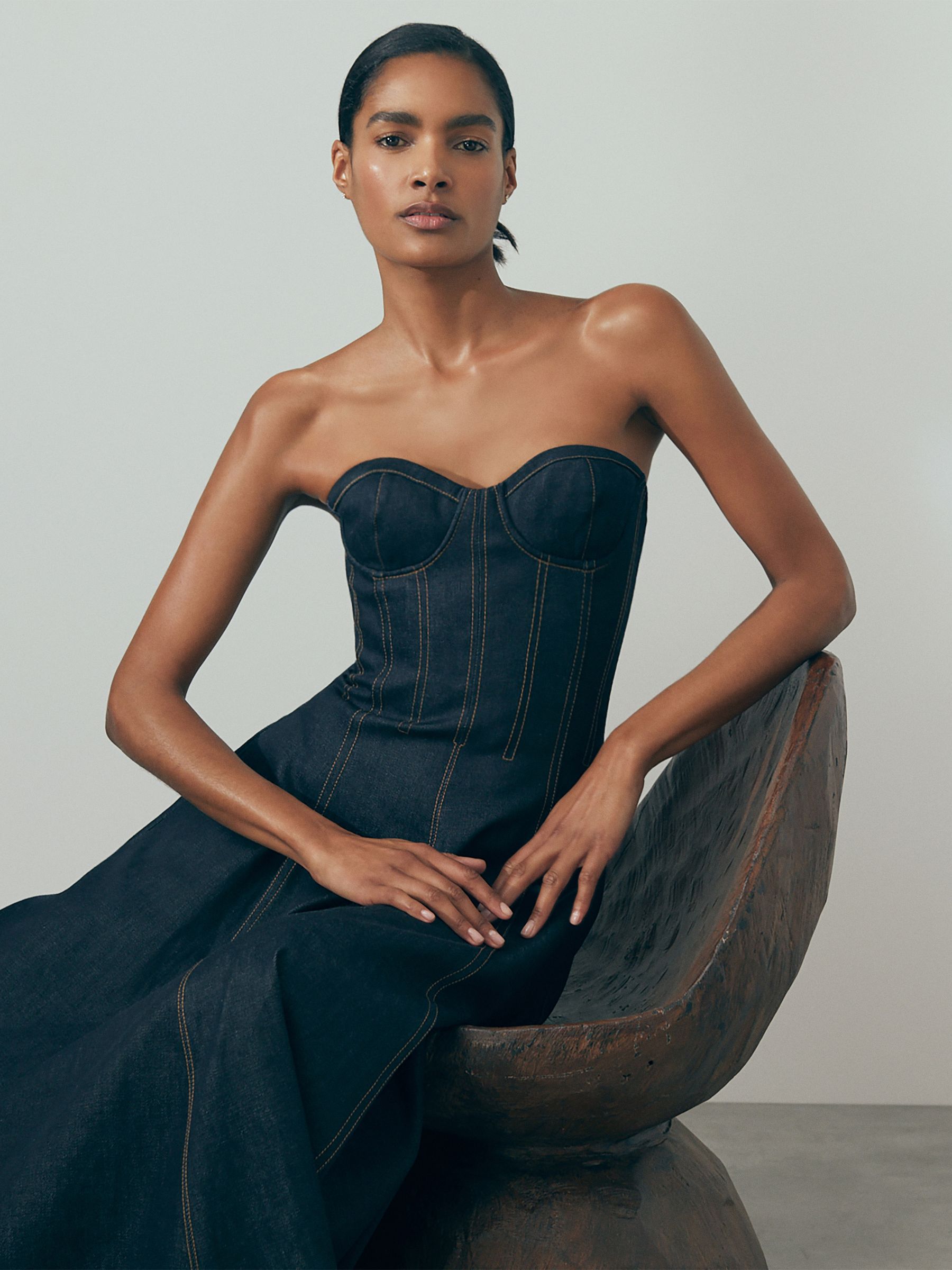 Strapless Structured Denim Midi Dress in Indigo Blue - Image 4 of 8