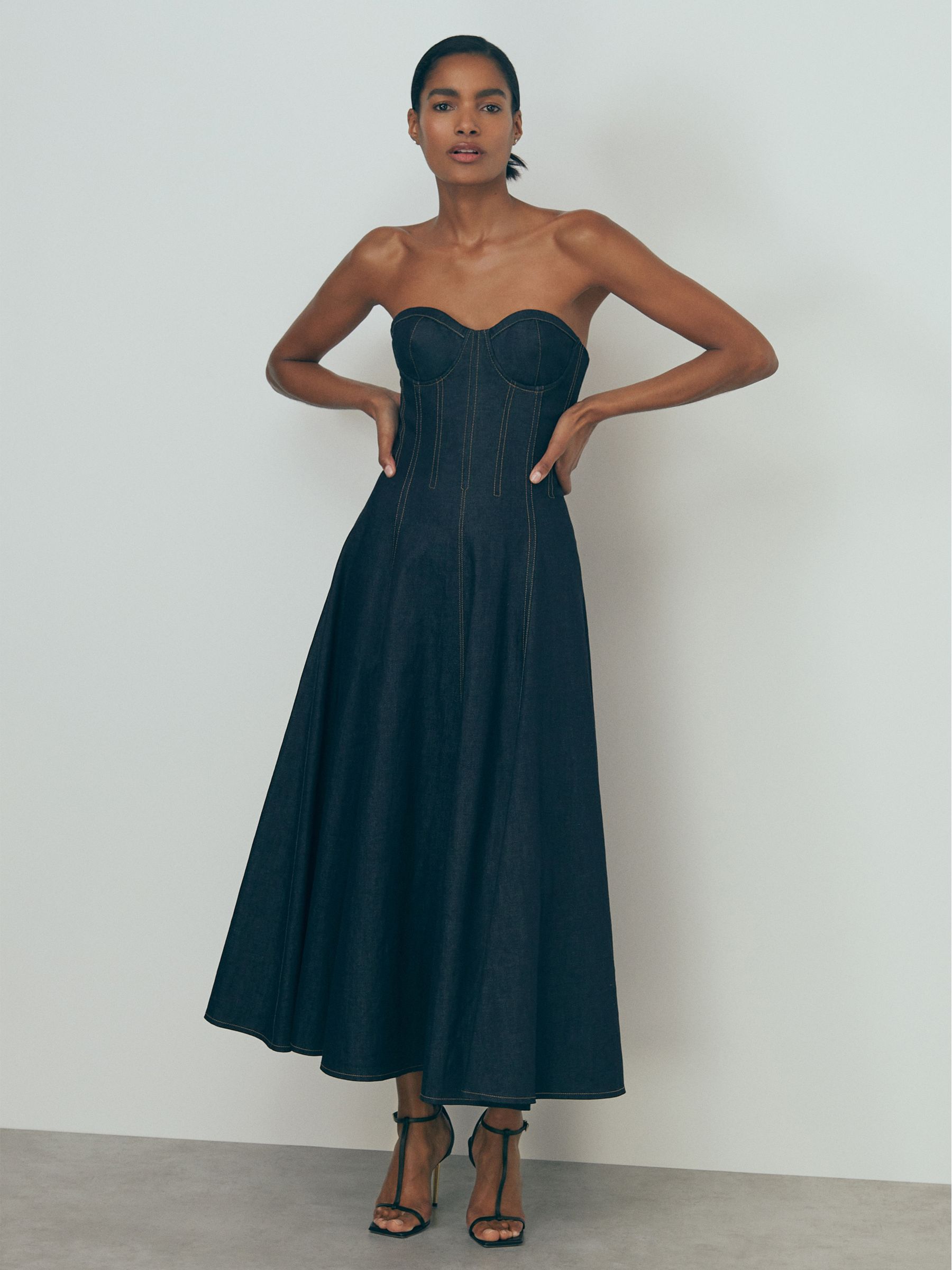 Strapless Structured Denim Midi Dress in Indigo Blue - Image 5 of 8