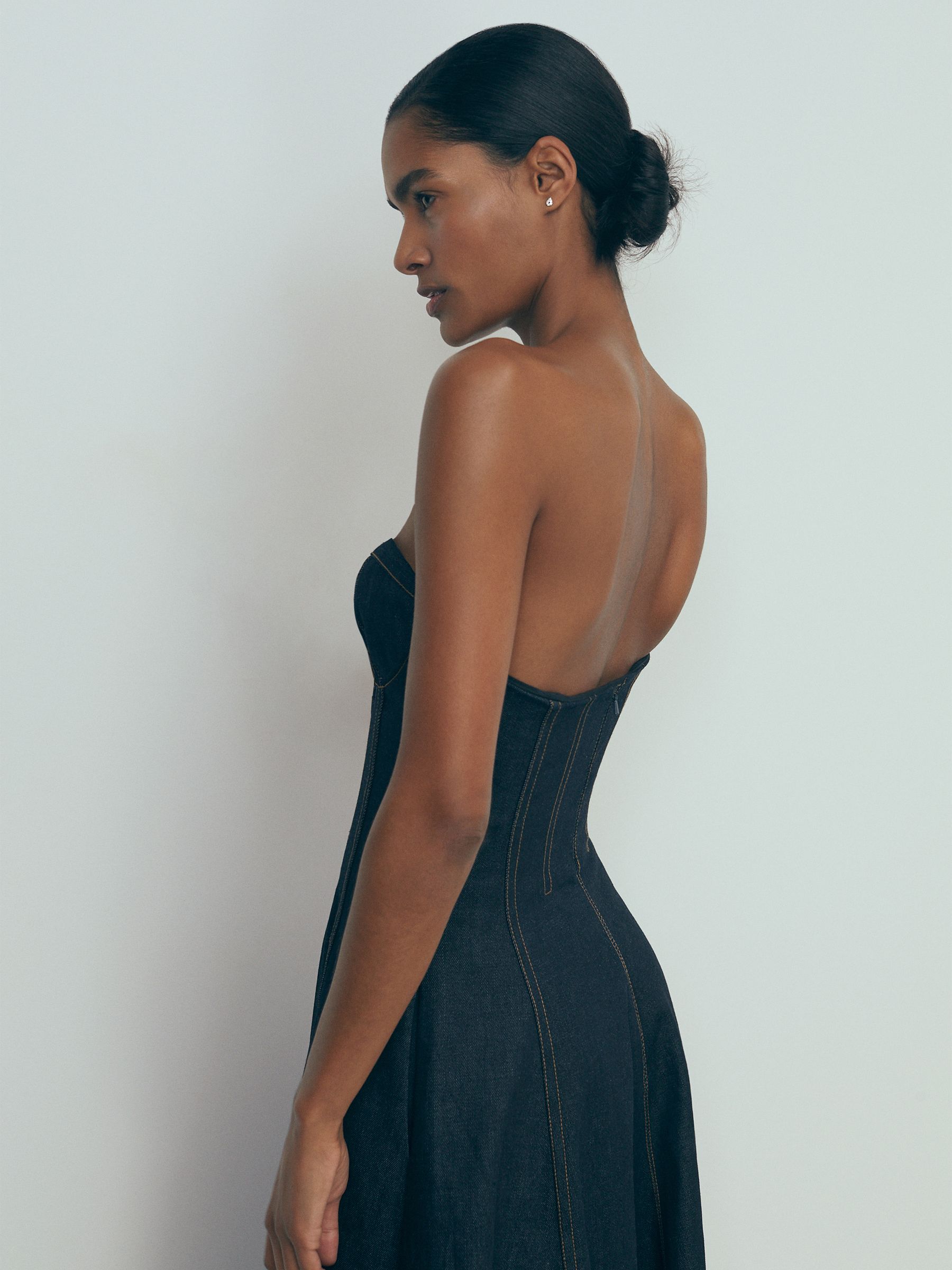 Strapless Structured Denim Midi Dress in Indigo Blue - Image 6 of 8