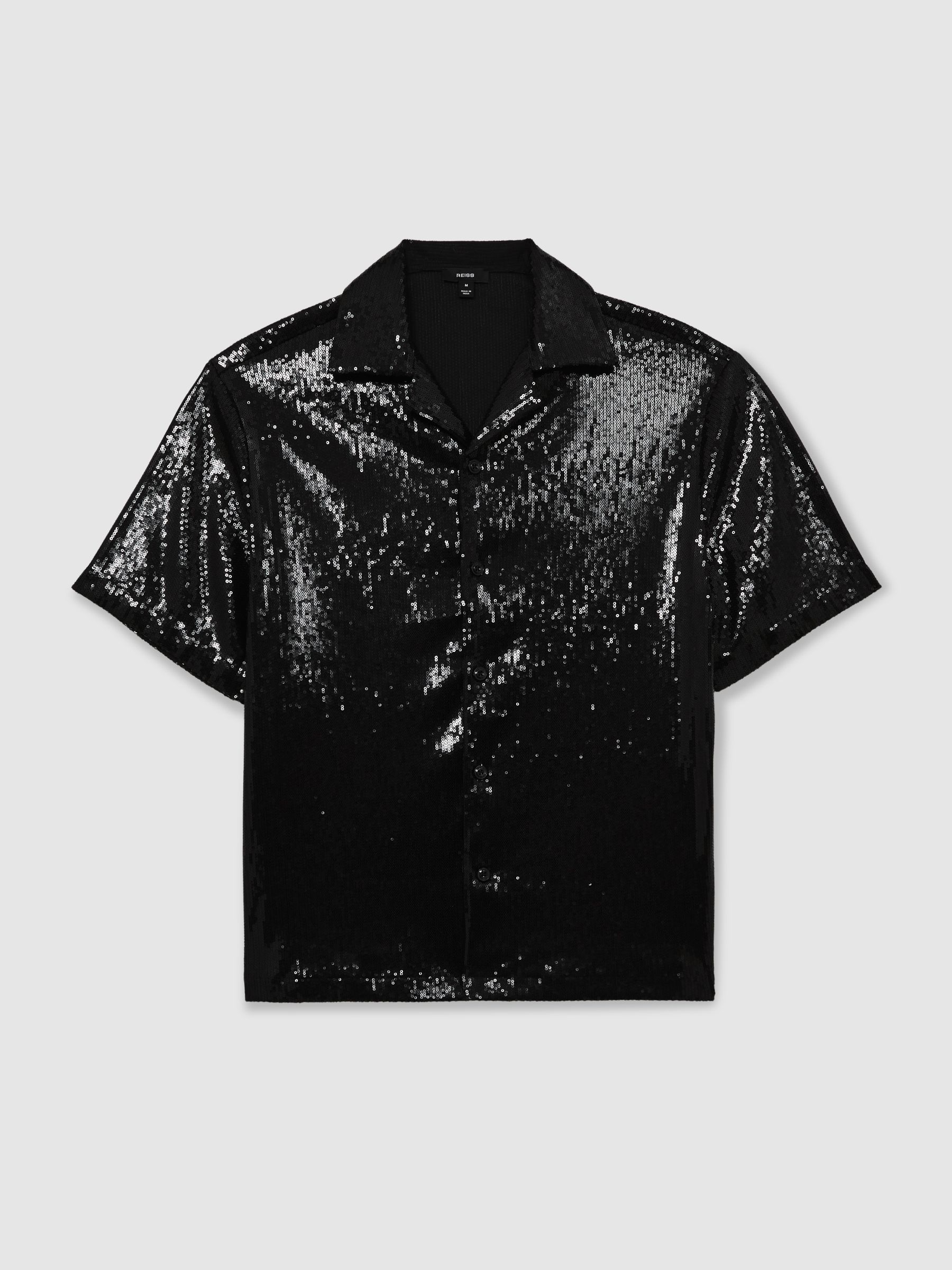 Sequin Cuban-Collar Shirt in Black - Image 2 of 8