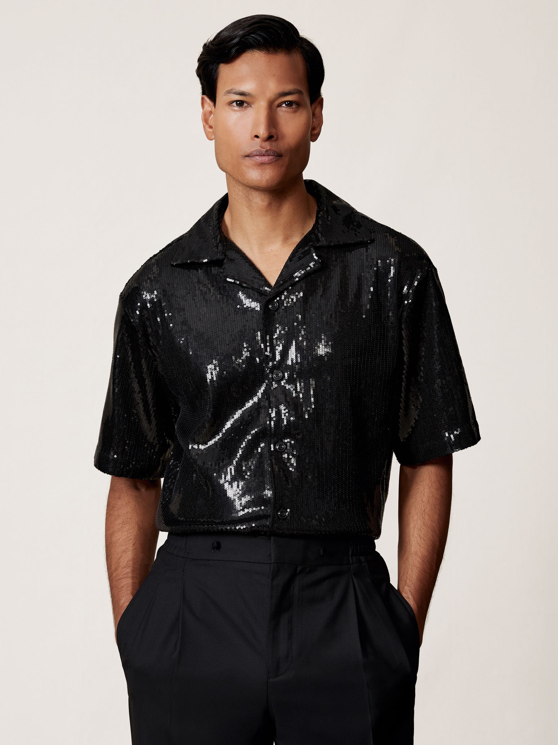Sequin Cuban-Collar Shirt in Black - Image 5 of 8