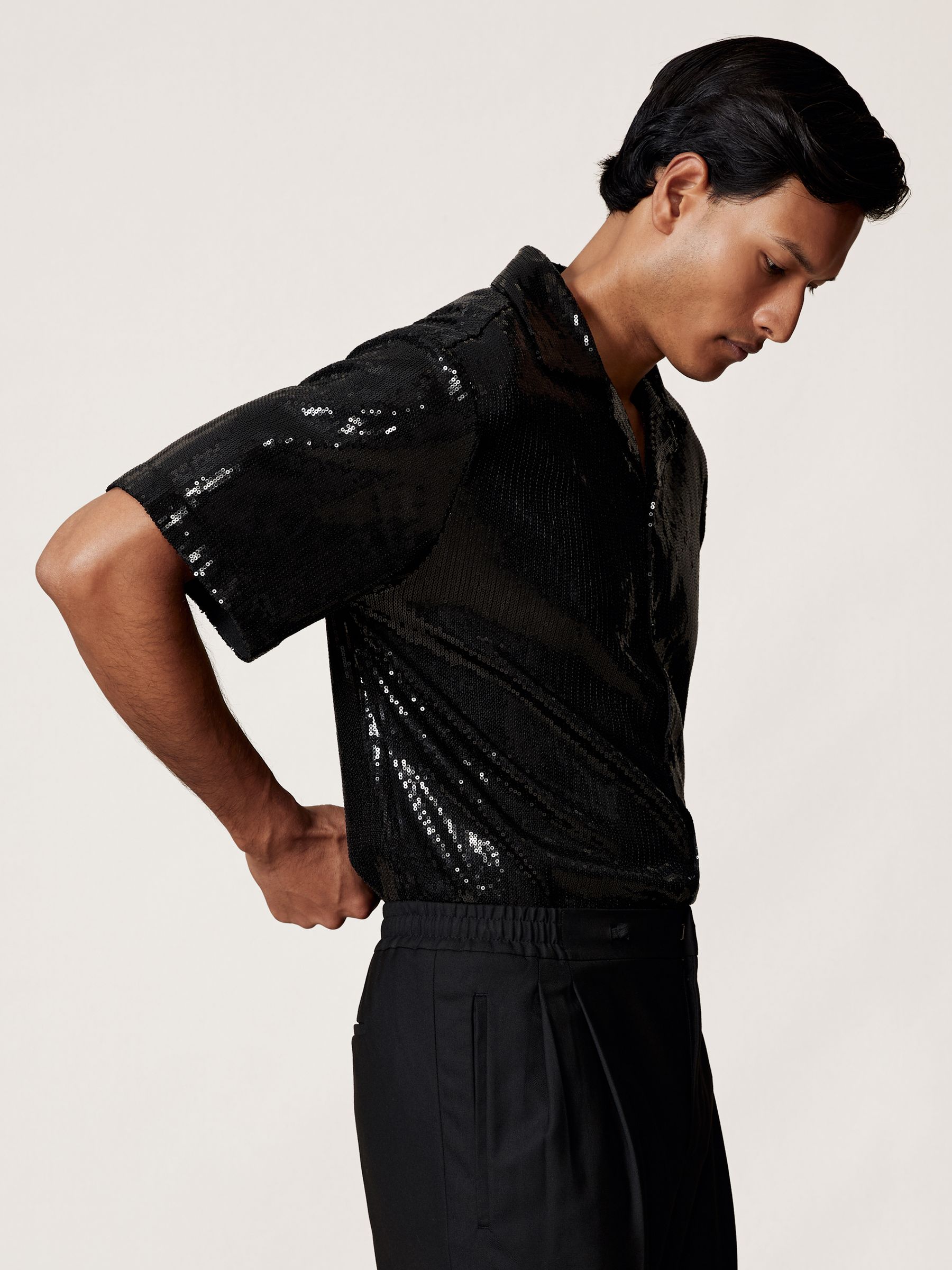 Sequin Cuban-Collar Shirt in Black - Image 6 of 8