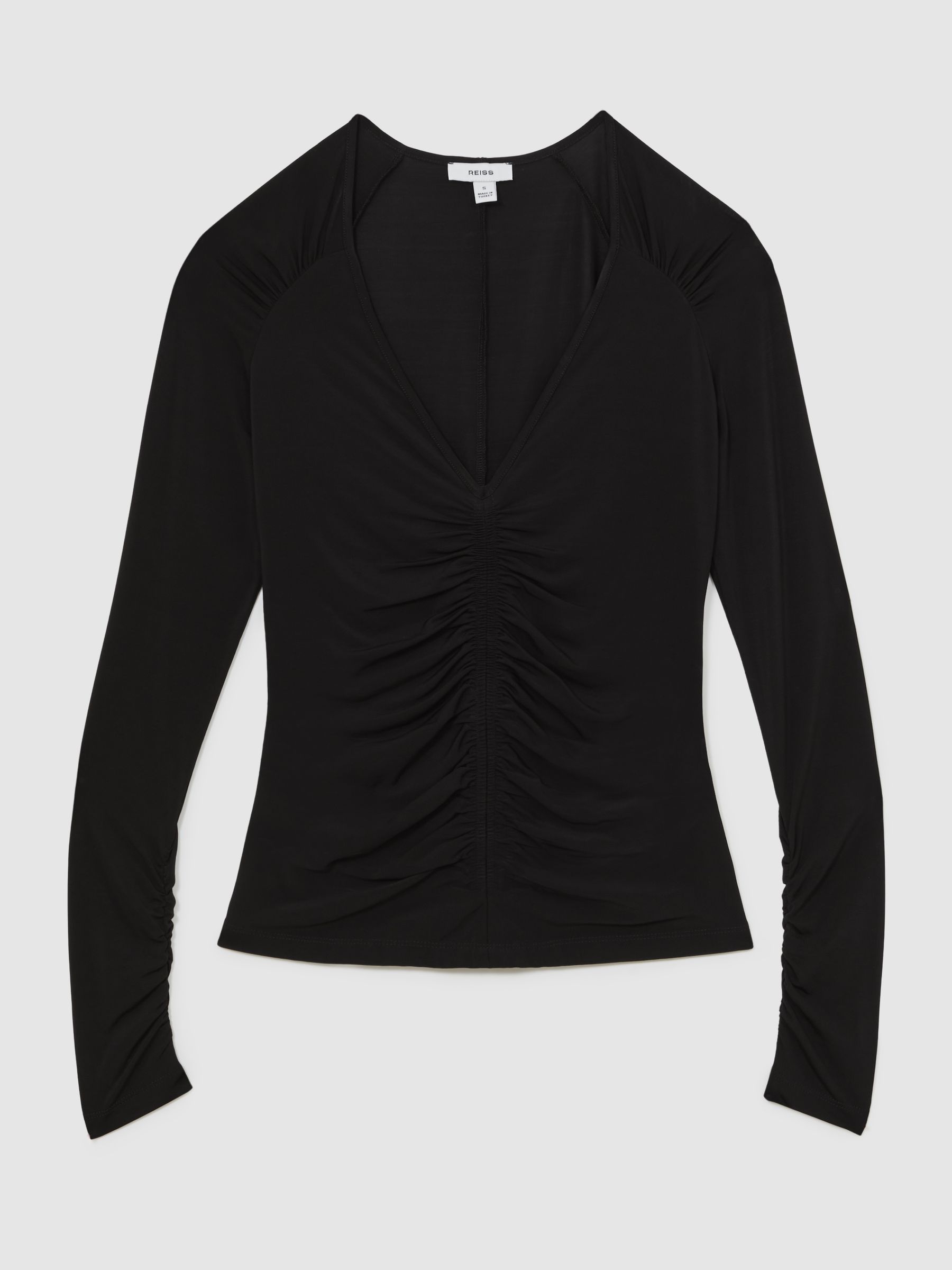 Ruched Mesh V-Neck Top in Black - image 1