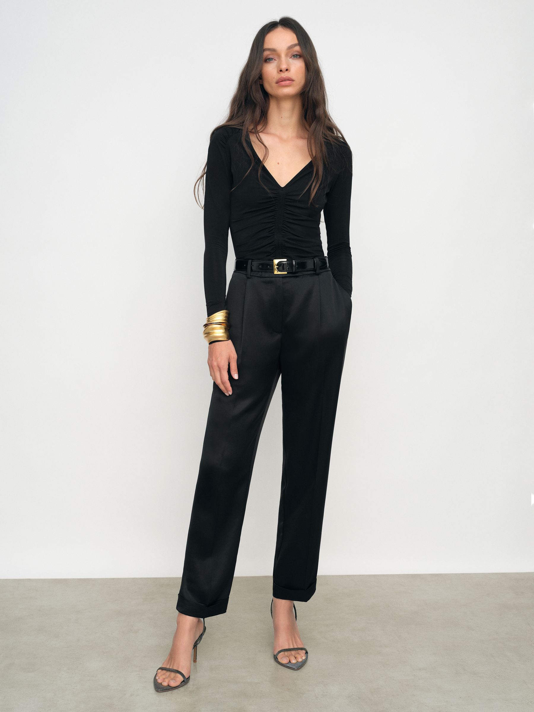 Ruched Mesh V-Neck Top in Black - image 4