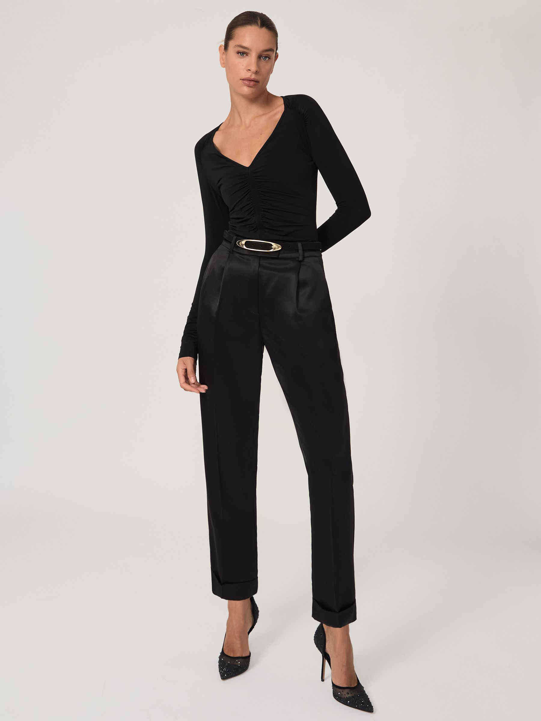 Ruched Mesh V-Neck Top in Black - Image 3 of 7