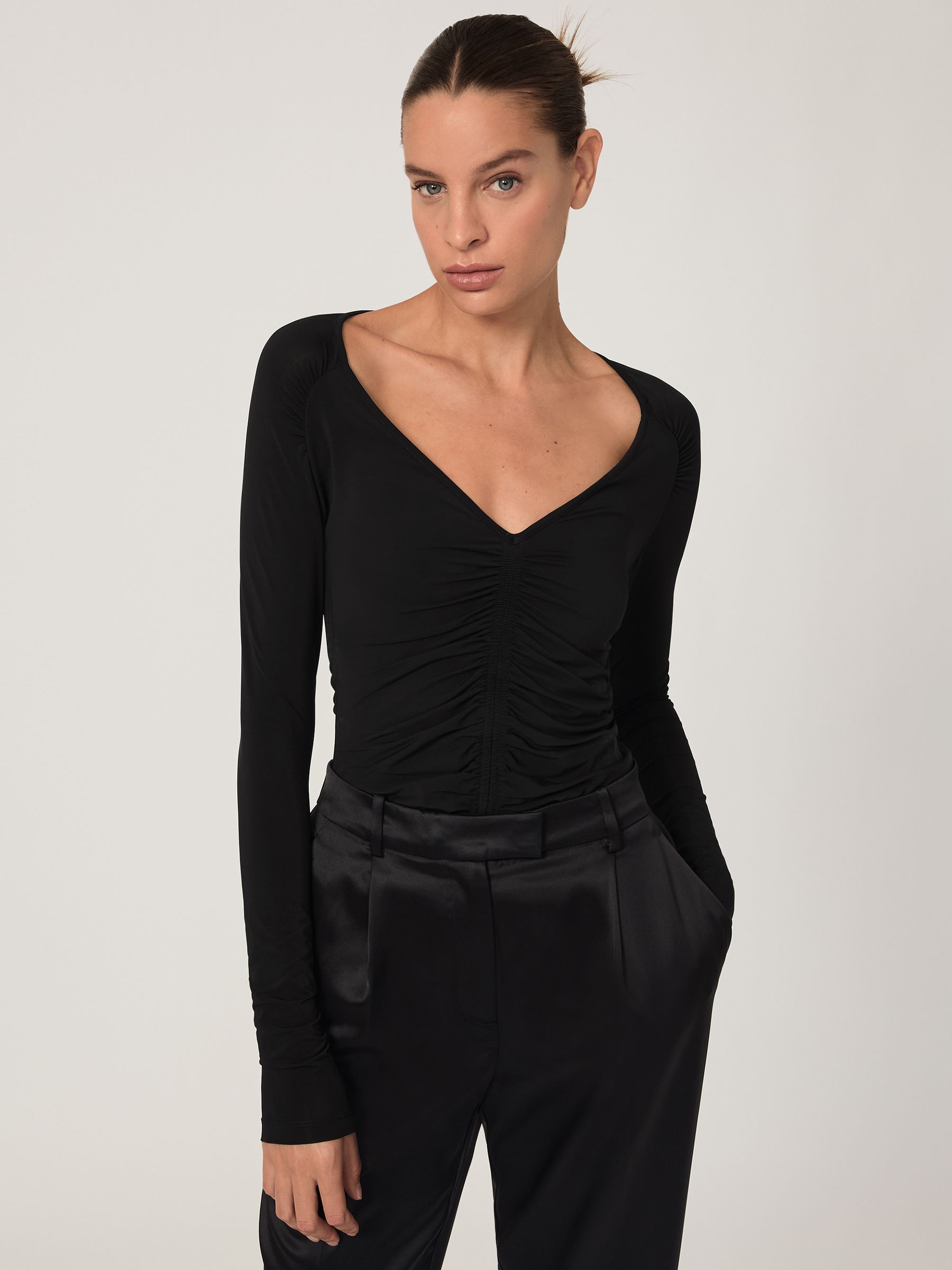 Ruched Mesh V-Neck Top in Black - Image 4 of 7