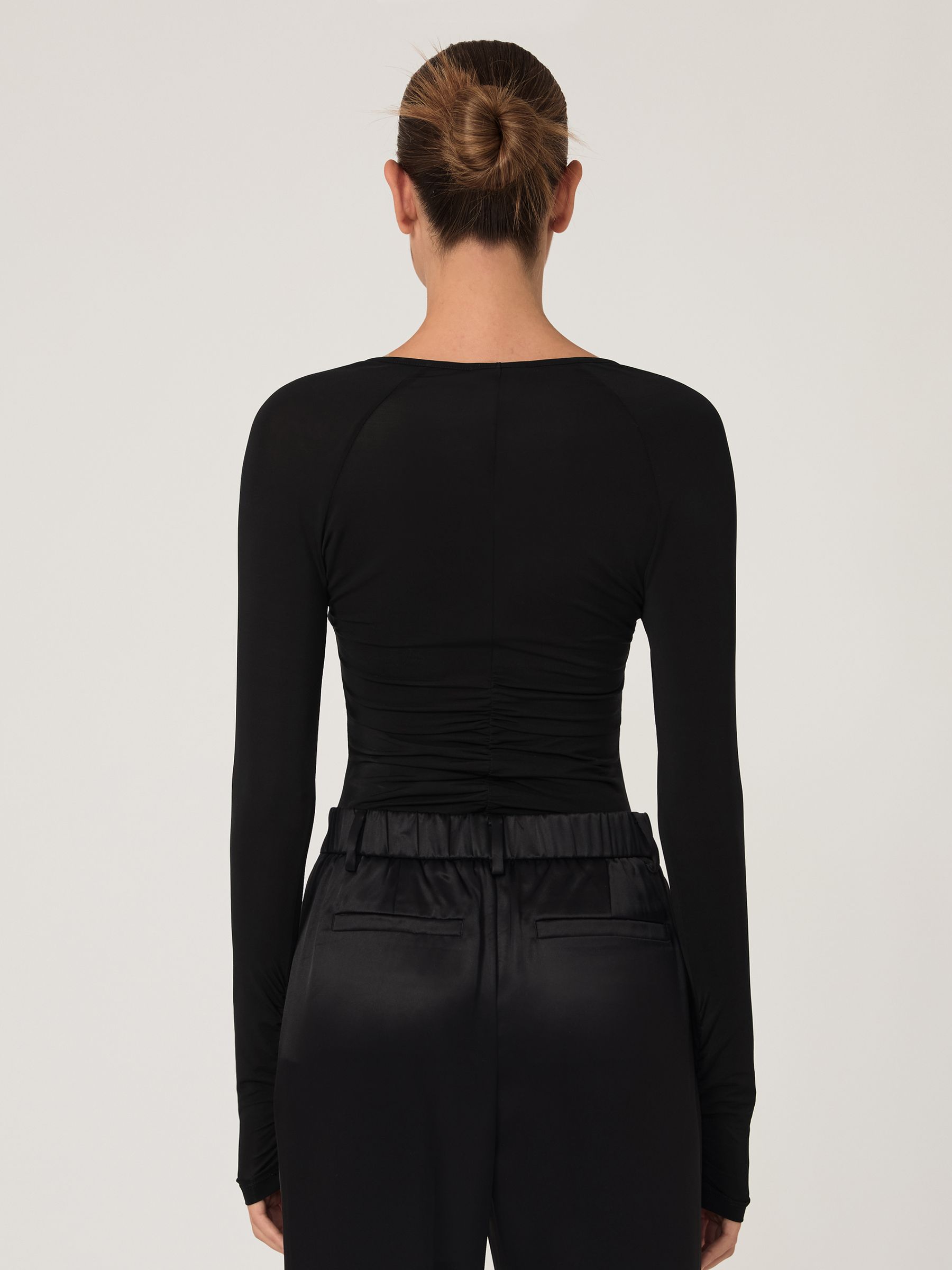 Ruched Mesh V-Neck Top in Black - Image 6 of 7