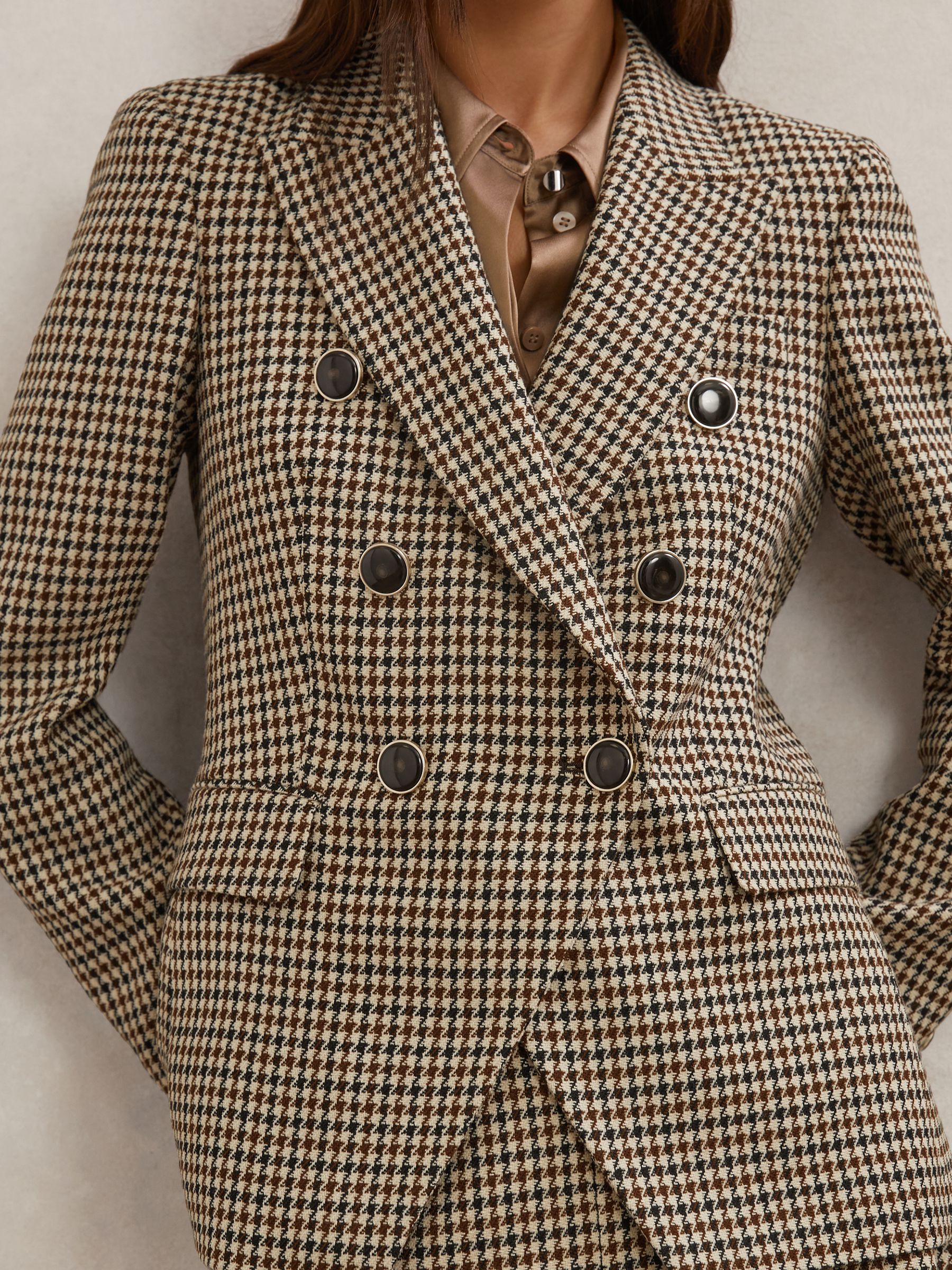 Wool-Blend Double-Breasted Check Blazer in Neutral Check - image 5