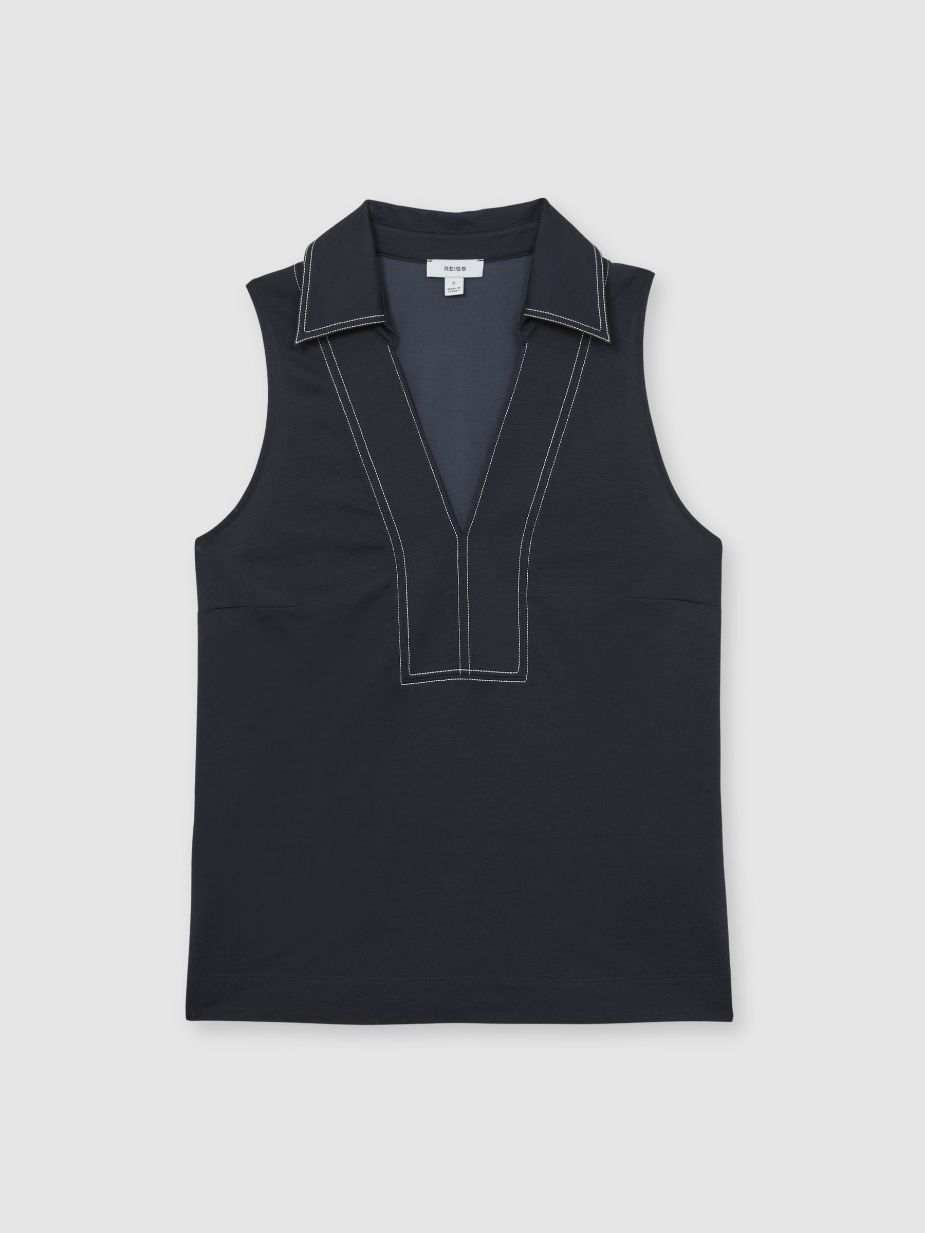 Cotton-Blend Collared Sleeveless Top in Navy/Ivory - Image 2 of 6