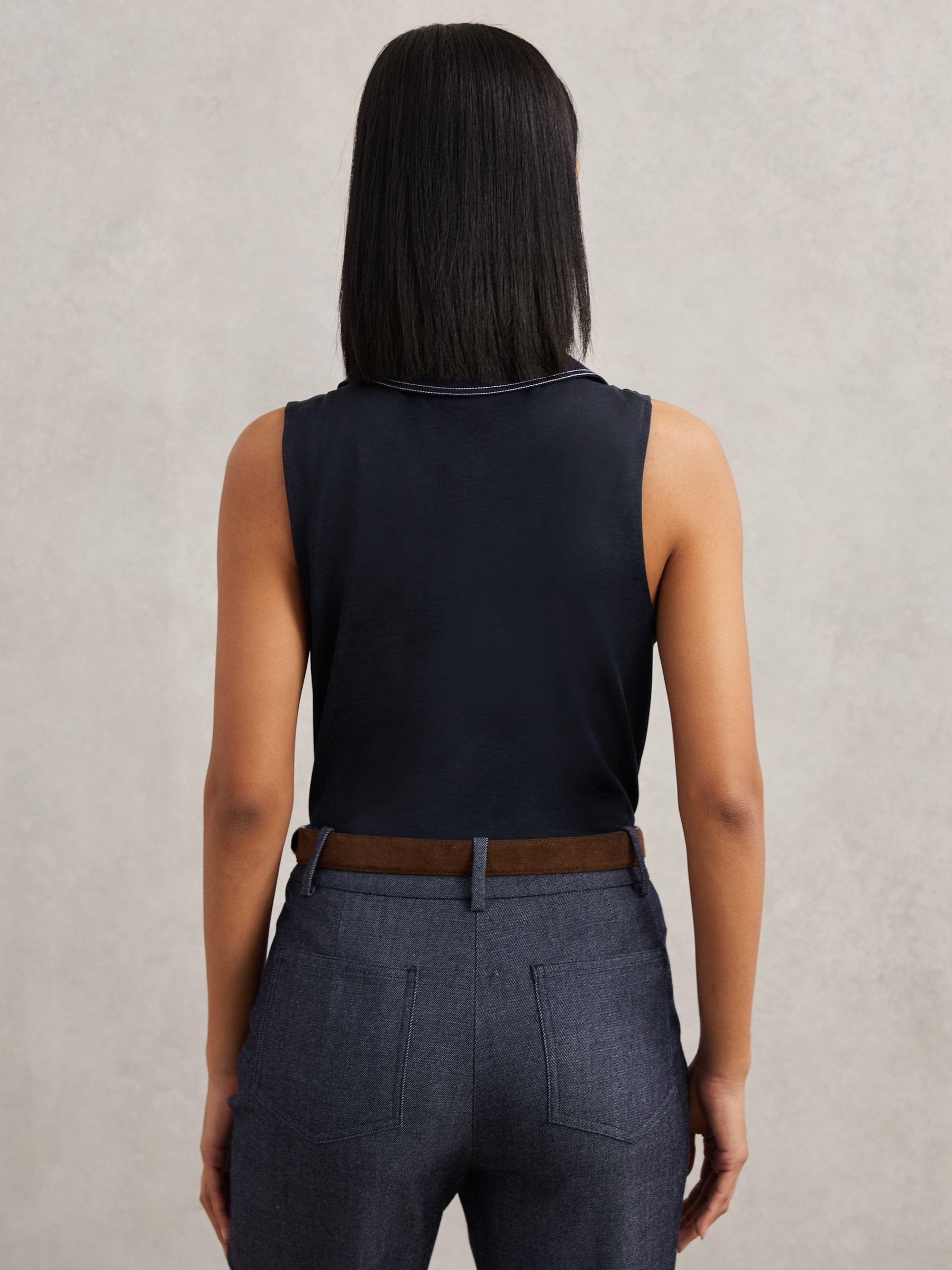 Cotton-Blend Collared Sleeveless Top in Navy/Ivory - Image 5 of 6