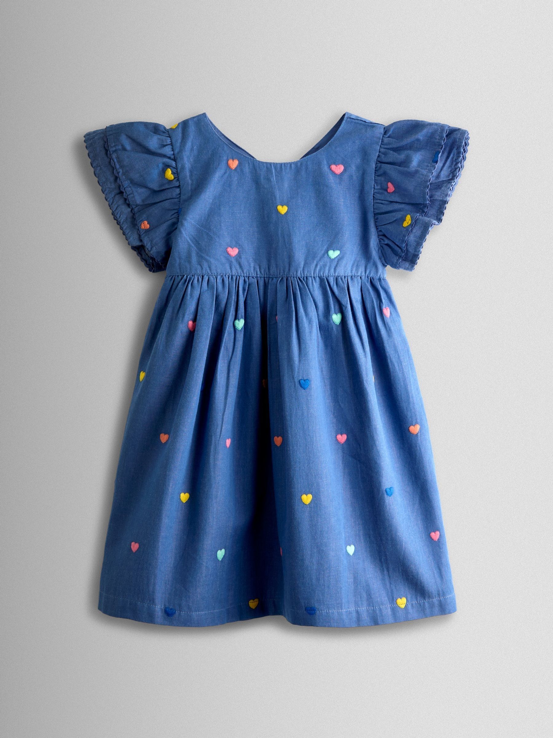 Chambray Blue Hearts Embroidered Frill Sleeve Dress | JoJo Maman Bb USA Chambray Blue Hearts Embroidered Frill Sleeve Dress | JoJo Maman Bb USA