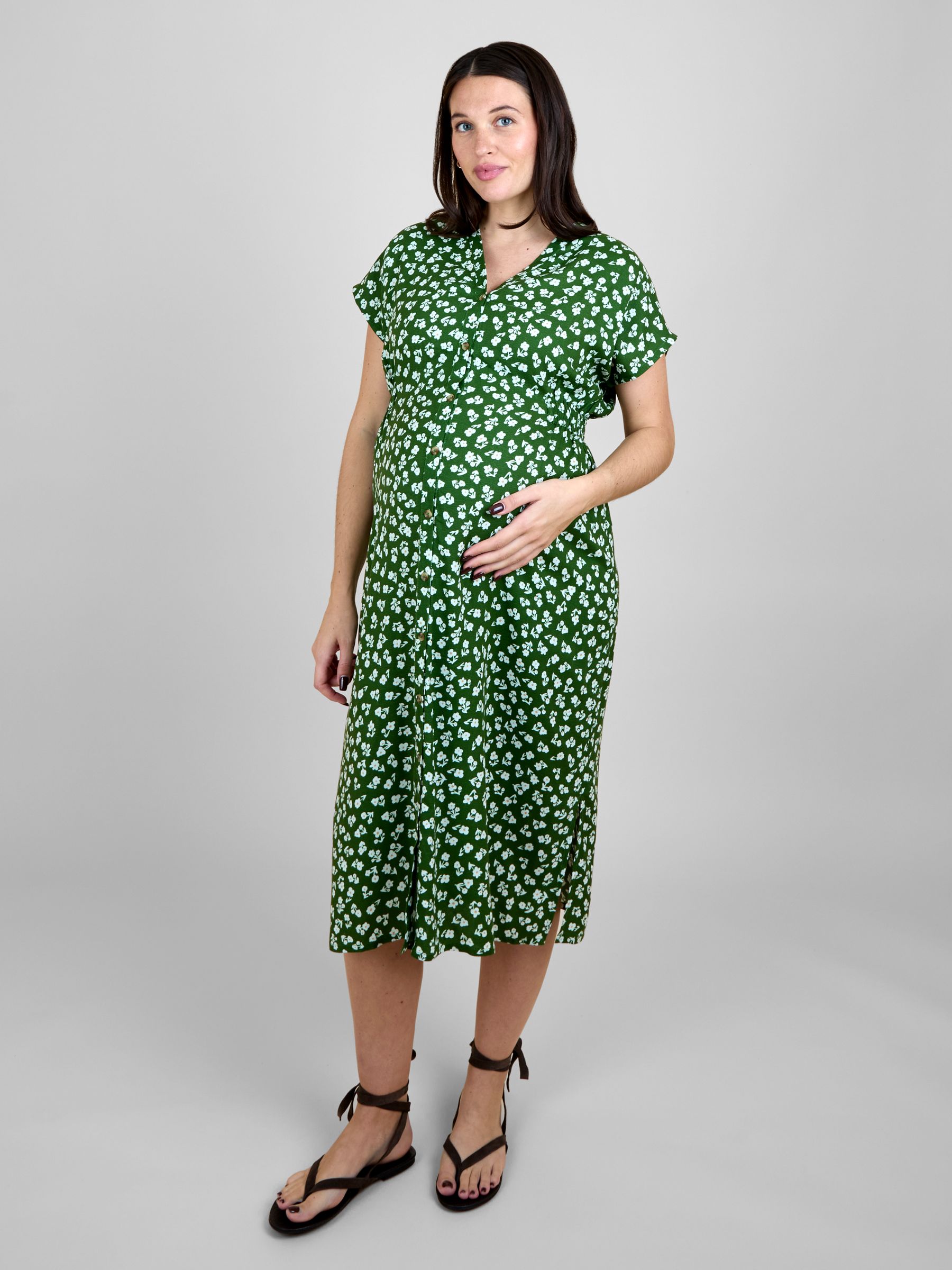 Khaki Green Button Through Ruched Drawstring Waist Maternity Midi Dress |  JoJo Maman Bb